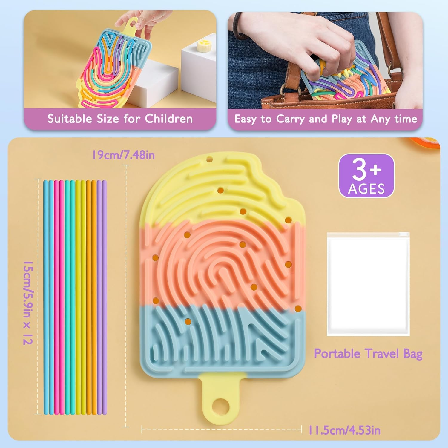 Silicone Sensory Activity Board, Double-Side Fidget Toy for Anxiety, Stress, ADHD, Autism and Calming, Silent, No Mess, Sensory Board with Portable Travel Bag & 12 Strings, Kids 3+ & Adults, Colorful image number 4