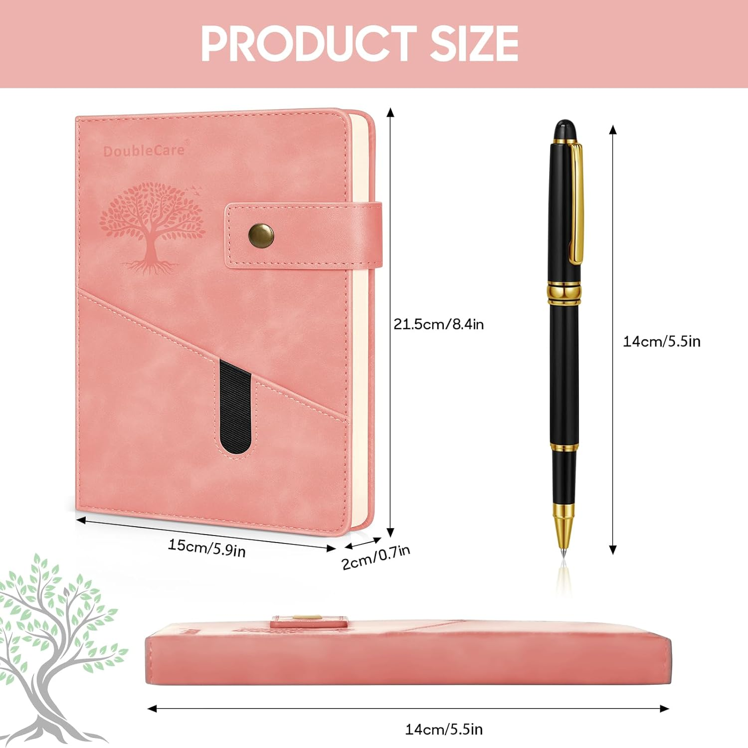 A5 Hardcover Vegan Leather with Divider, Hardcover Notebook with Pocket, Ruled Note Book Office School Supplies with Pen, Office, Business Trips, for Men Women (Pink) image number 1