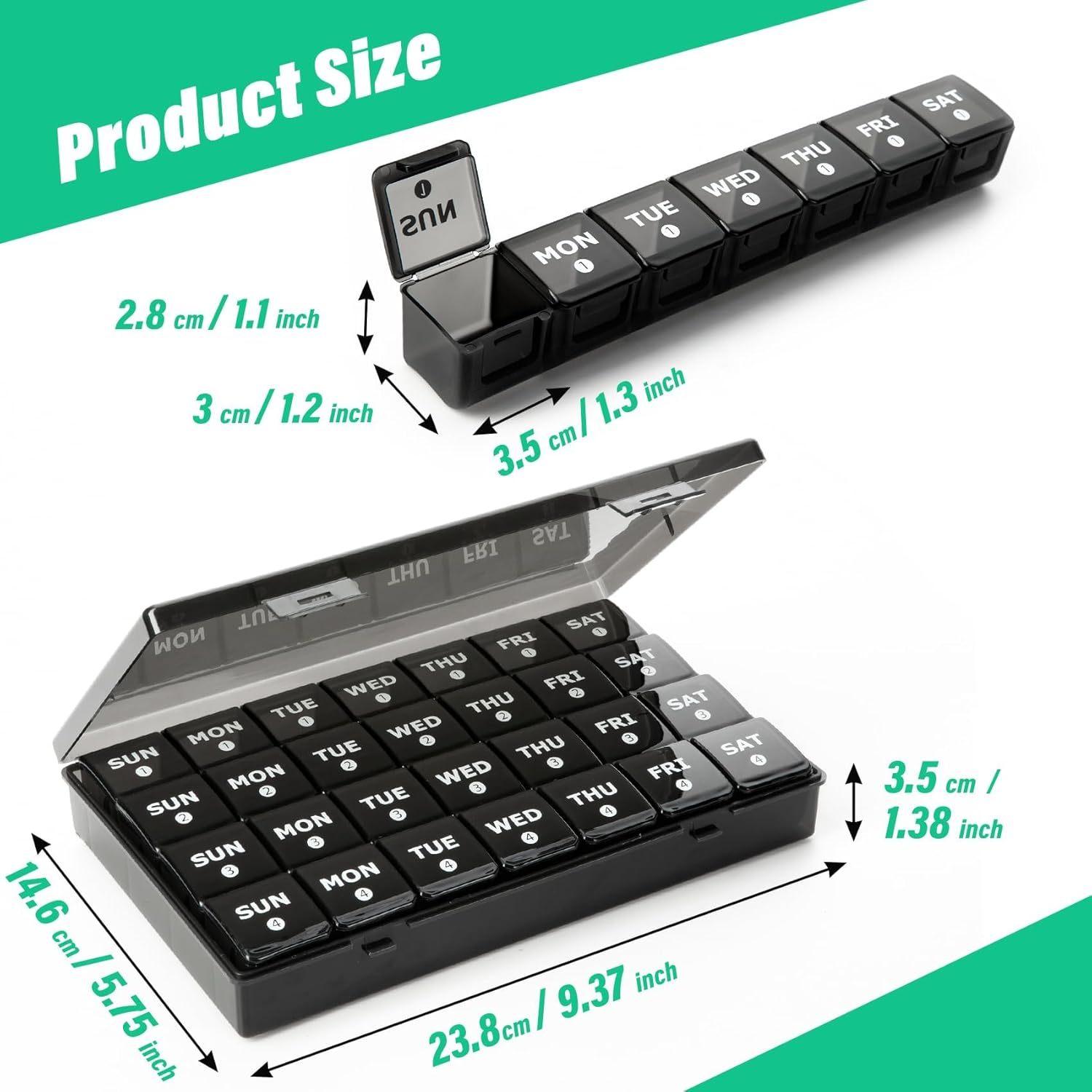 Large Monthly Pill Organizer, XL 4 Weeks Pill Box,28 Day Pill Cases Organizerd by Week,Big Compartment Pill Container with Dust-Proof,For Pills/Vitamin/Fish Oil/Supplements,By Yaklim (Black) - Black image number 4