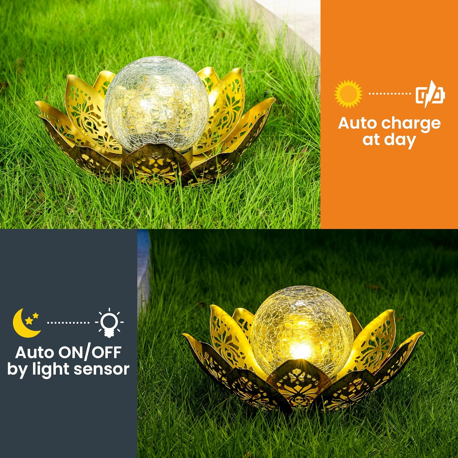 PATIOPIA Solar Lights Outdoor Garden Decor, Adjustable Metal Petal Lotus Flower Lights Crackle Globe Glass Lantern Outdoor Table Decor Waterproof for Patio, Lawn, Pathway, Pond Gift image number 6