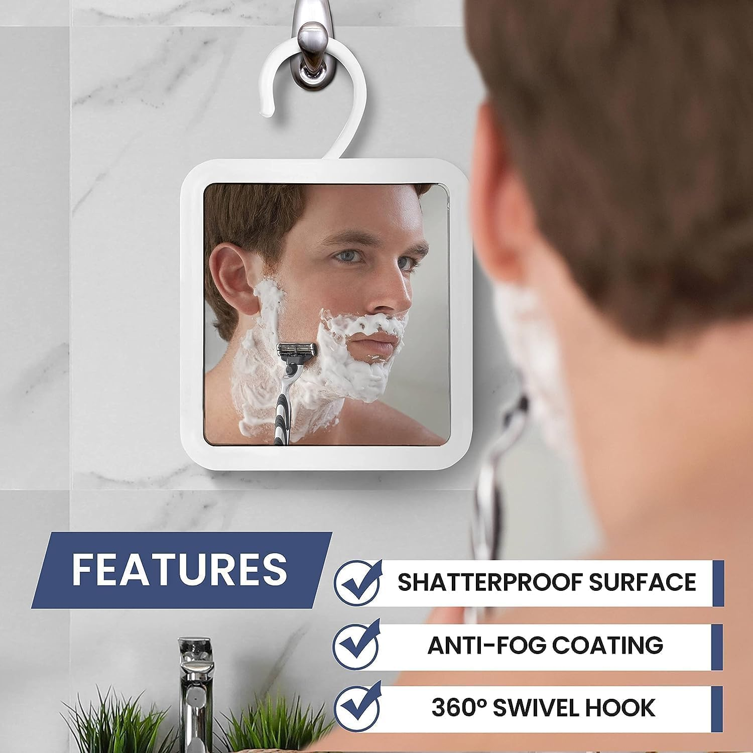 MIRRORVANA Hangable Fogless Shower Mirror for Shaving with 360&deg; Swivel Hook for Hanging - anti Fog Shatterproof 6.3" X 6.3" Surface image number 3