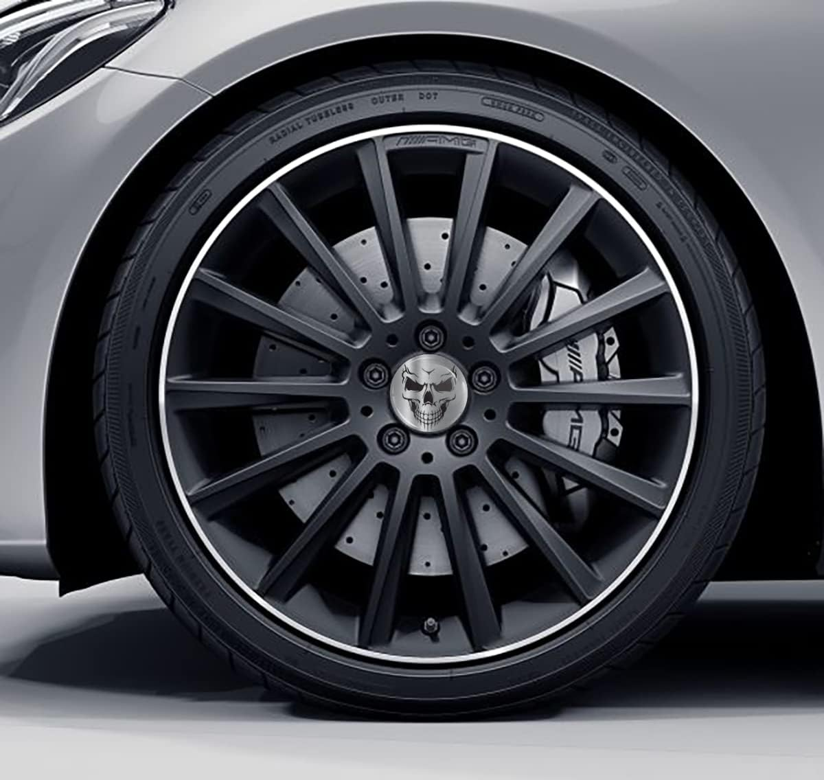 Skinoeu Set of 4 X 75Mm Wheel Center Caps Compatible with Mercedes Benz B66470207 / B66470200 CM Black Skull Silver CM 49 image number 1