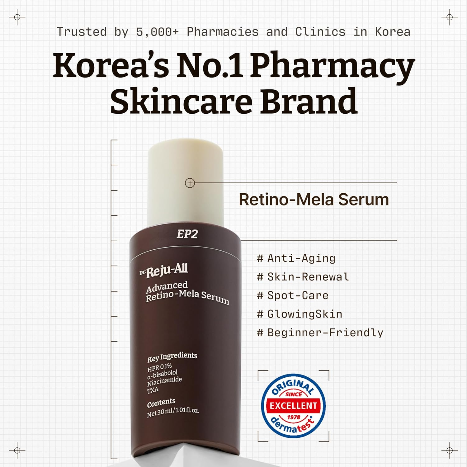 Dr.Reju-All Advanced Retino-Mela Serum &ndash; HPR Retinol Serum for Face &ndash; Anti-Aging, Pore Minimizer, Next-Gen Korean Skincare &ndash; Gentle & Beginner-Friendly &ndash; with Niacinamide 10% and TXA 4% &ndash; 1 Fl Oz