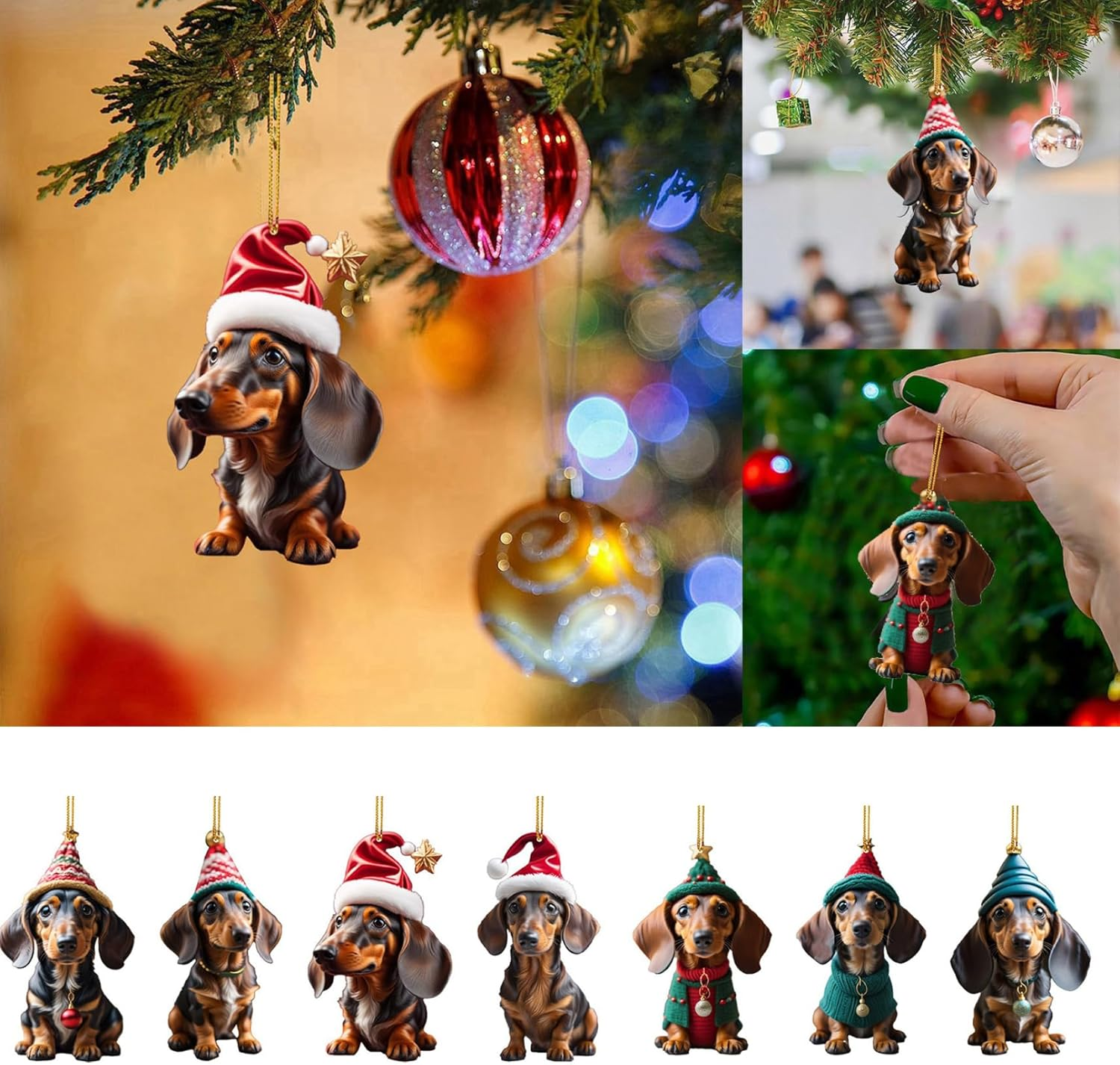 Dachshund Christmas Ornaments 7Pcs Hanging 2D 3.15In Acrylic Cute Vibrant Decor for Christmas Tree Wreath Garland Car Interior Type2 image number 3
