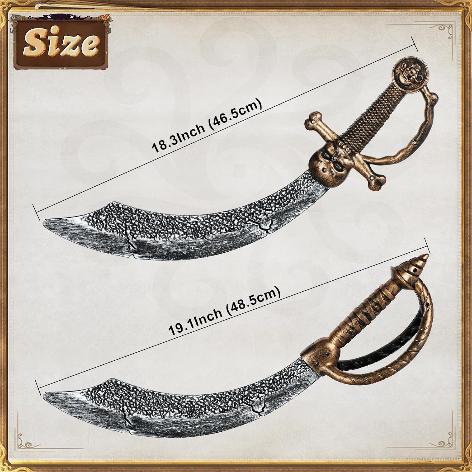 2Pcs Pirate Sword,18" Plastic Toy Sword for Kids,Pirate Costume Accessories for Adult Halloween Cosplay,Party Dress-Up Brown image number 2