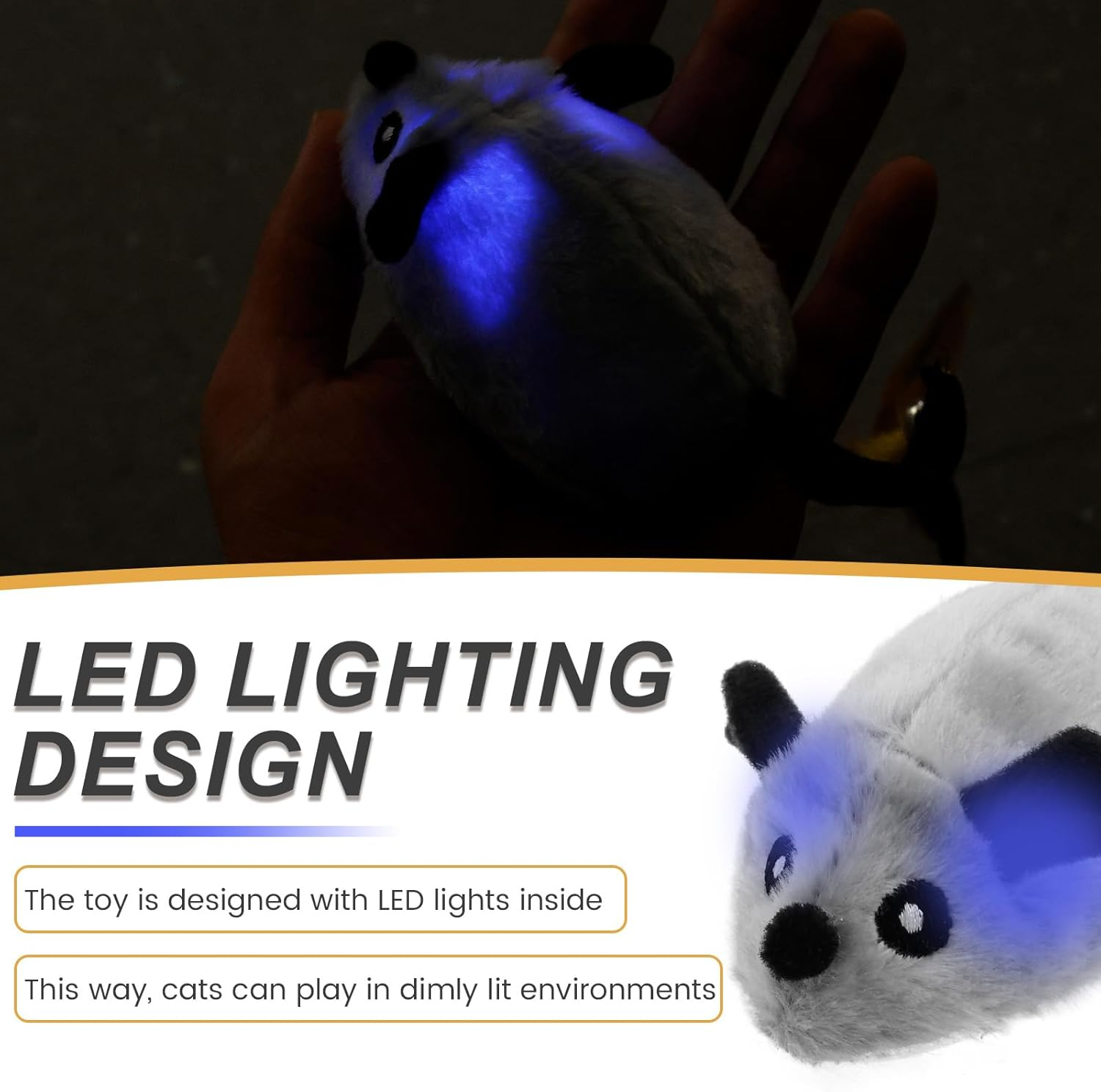 Interactive Cat Toys Mouse Moving Cat Toys Mouse for Indoor Cats, Safe Mouse Toy Feather Bell Tail Realistic LED Cat Mouse Toys Versatile Rechargeable LED Cat Mouse Toy (Grey) - Grey image number 5
