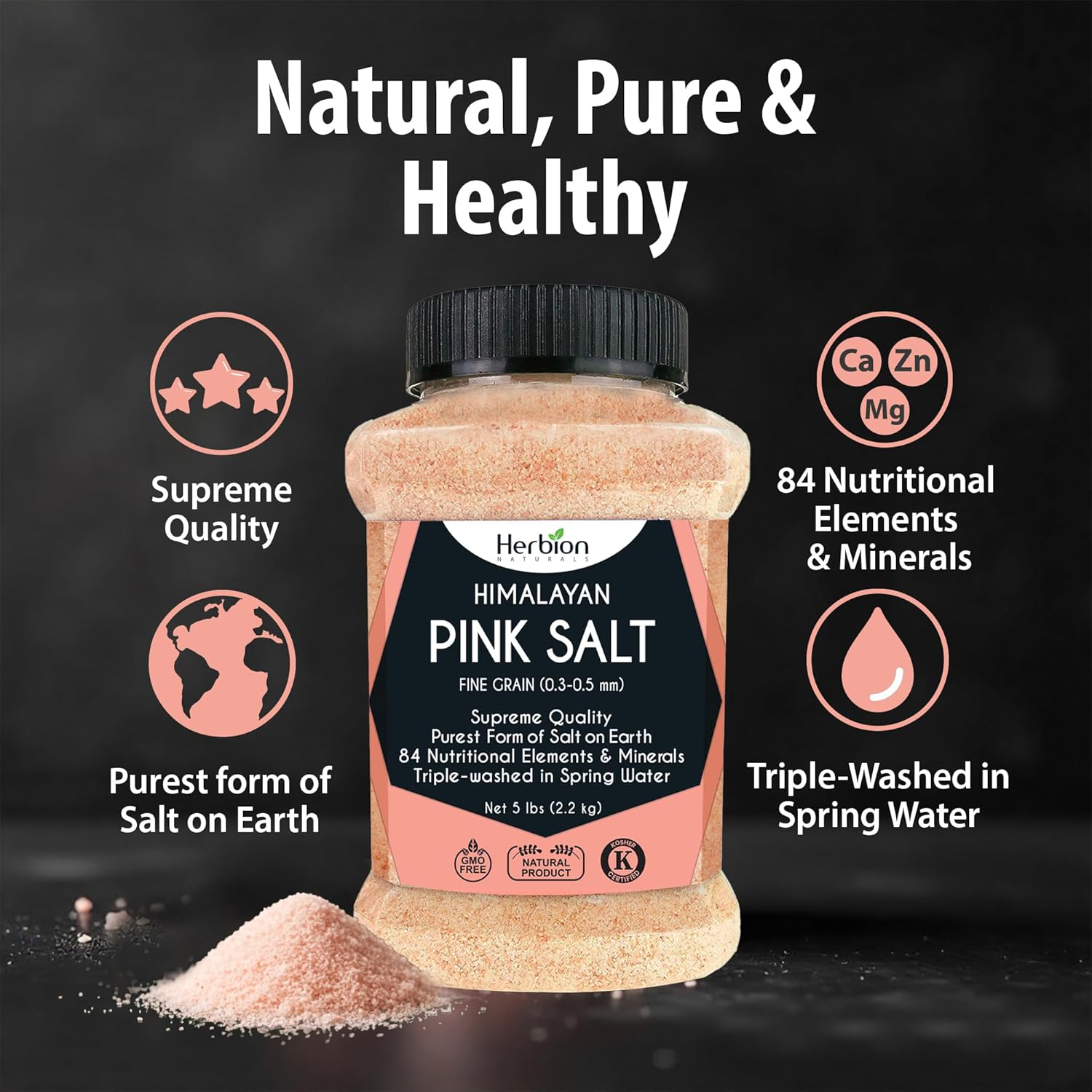 Herbion Naturals Himalayan Pink Salt Jar - Fine Grain, 5 Lbs | Supreme Quality | Triple-Washed| GMO Free, Vegan, Kosher Certified | Chemical Free image number 1