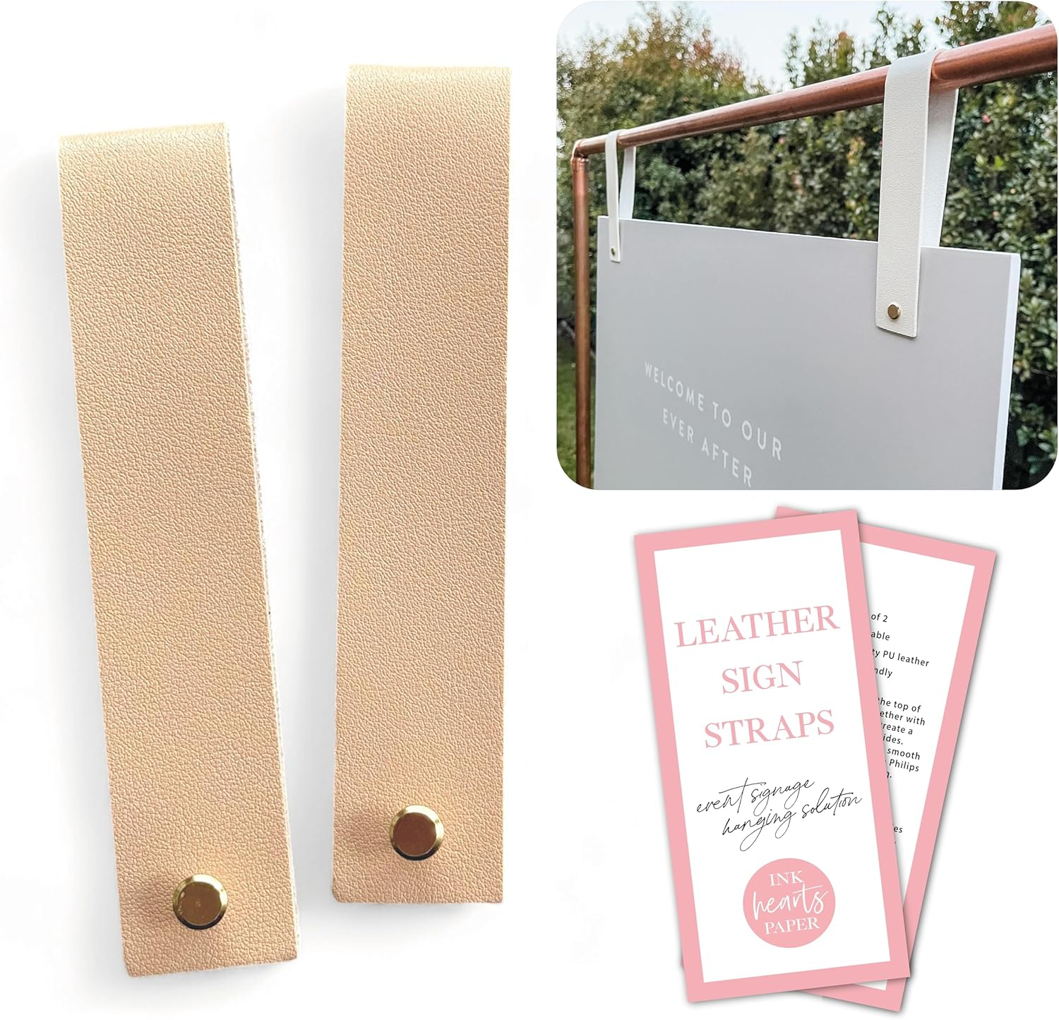 Leather Sign Straps for Hanging Sign, Welcome Sign, Wedding Sign, Engagement Sign, Event Display Sign, Seating Chart, Ceremony, Acrylic, Foamboard, Frame (White)