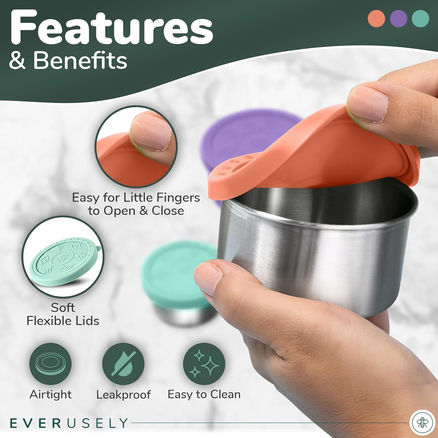 Everusely 3 X 1.7Oz Leakproof Salad Dressing Container to Go, Stainless Steel Small Condiment Containers with Lids, Sauce Containers for Lunch Box, Dressing Cups with Lids, Dip Containers, Sauce Cups image number 4