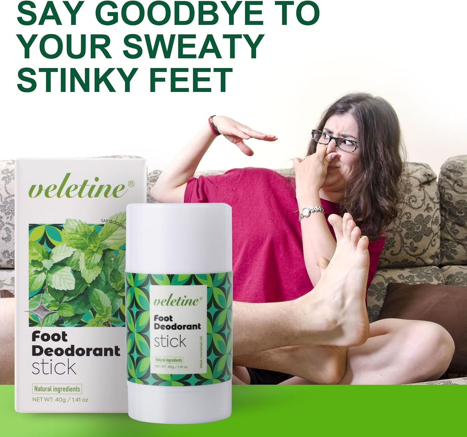 Veletine Foot Deodorant Stick,Refreshing Feet Odor Stick,Travel Size Heel Cream,Roll-On Foot Lotion for Men＆Women, 40G/1.41 Oz image number 2