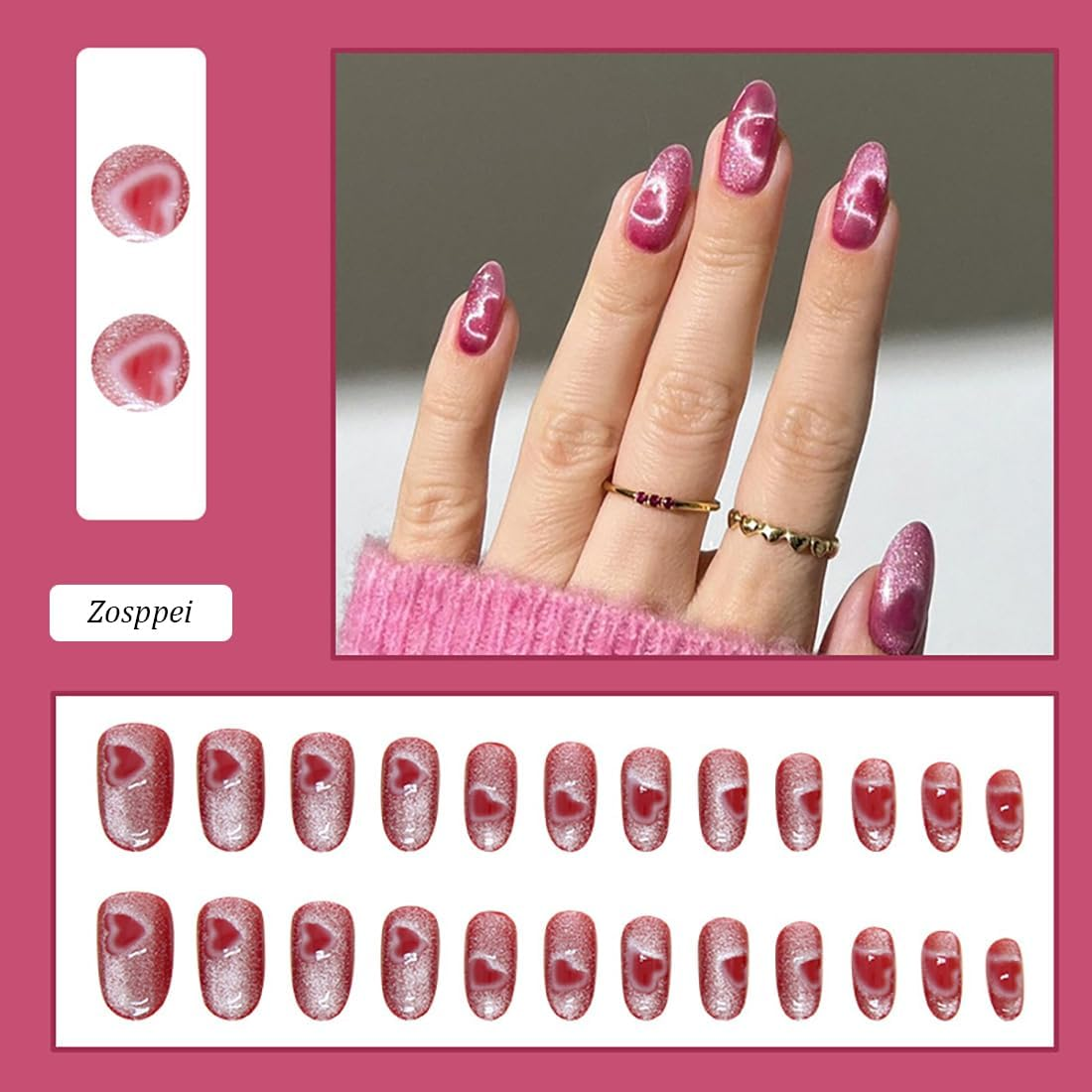 24 PCS Rose Red Press on Nails Heart Cat Eye False Nails Glossy Medium Oval False Nails Full Cover Stick on Nails Tips for Women and Girls image number 1