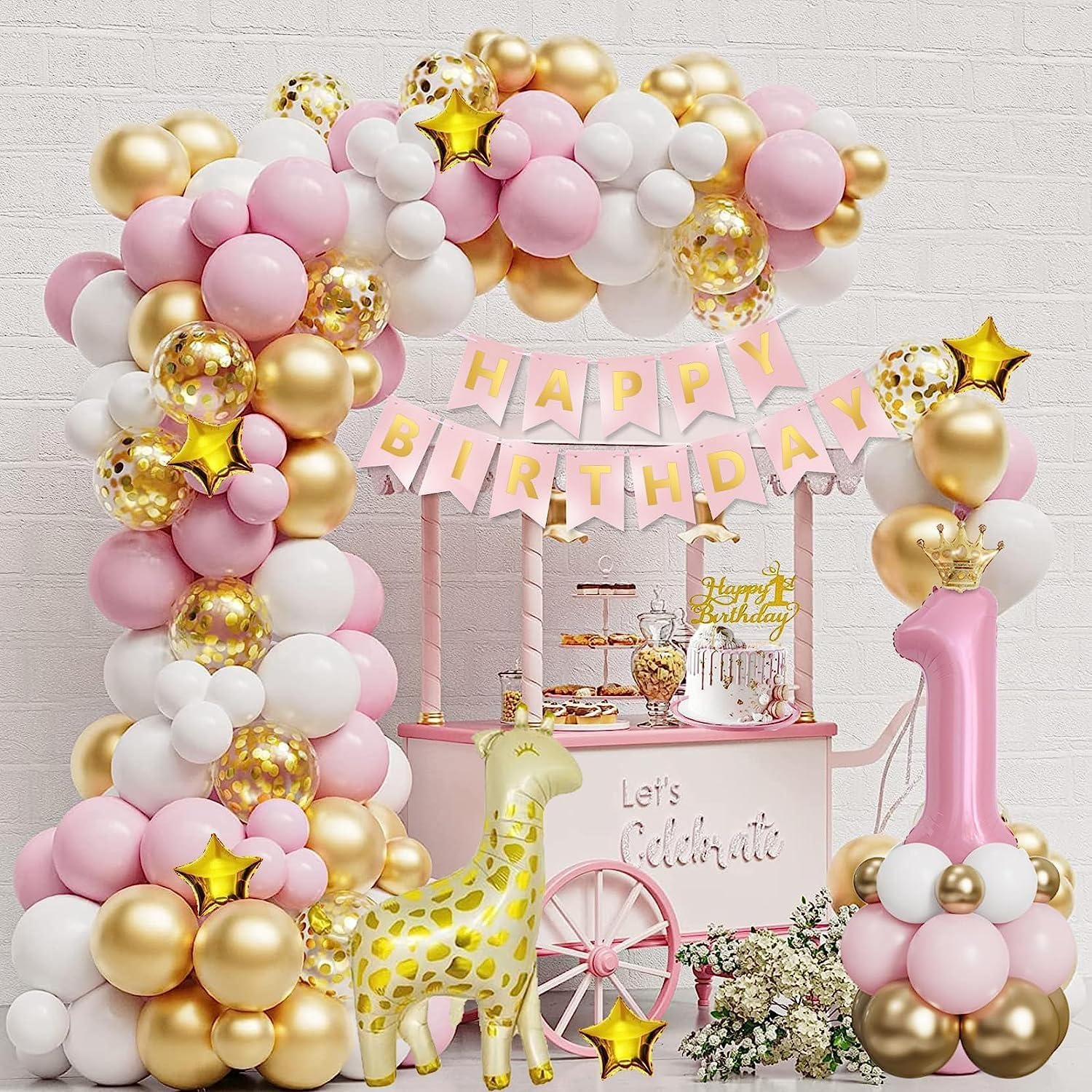 First Birthday Decorations Pink Balloon Arch Kit for Girl,Happy Birthday Banner Number 1 Balloon Garland Kit Party Decor