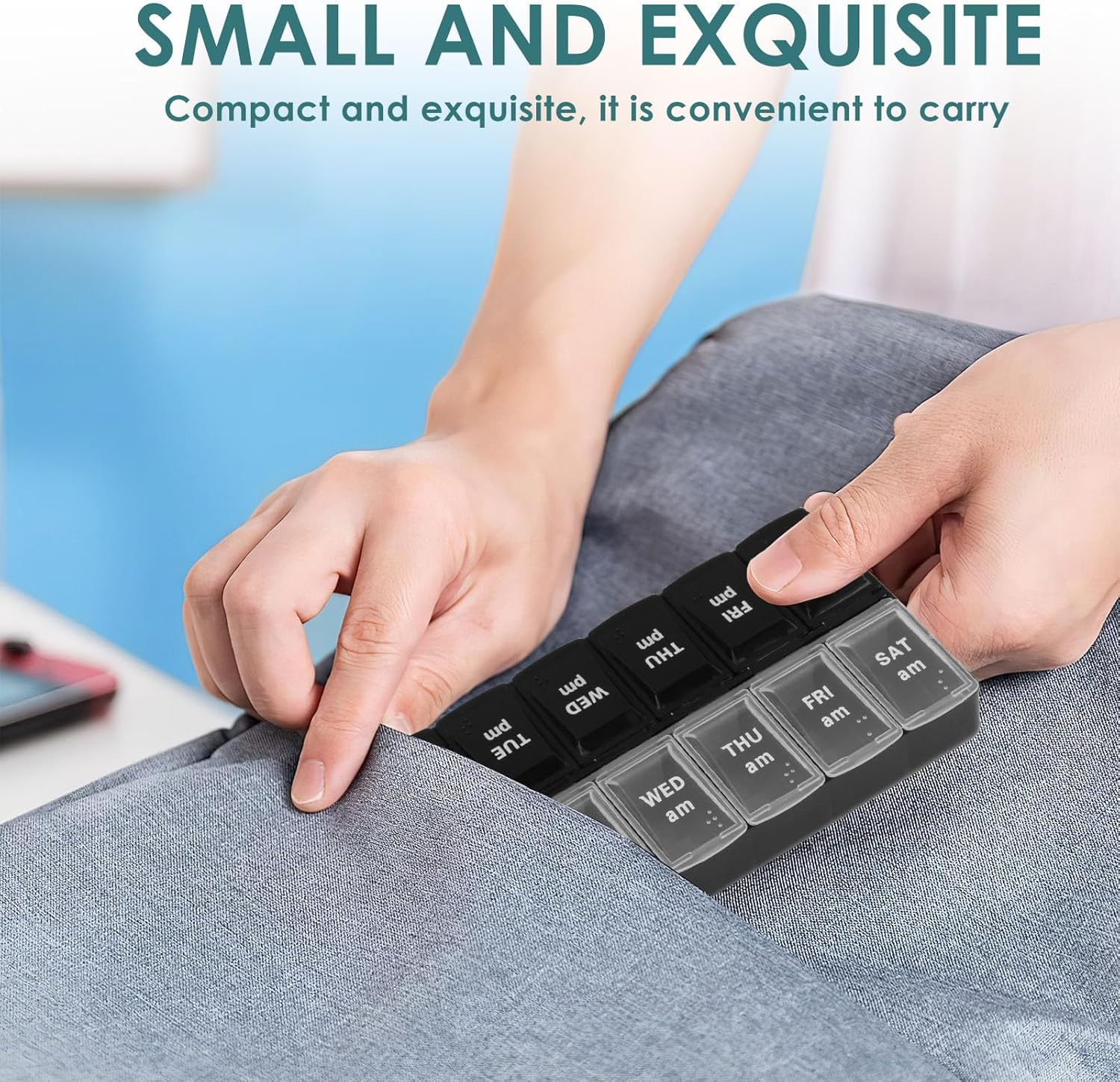 Weekly Pill Organizer, 7 Day Pill Organizer 2 Times a Day, Day Night Medicine Organizer, Pill Box with Simple Button Design for Pills/Vitamins/Fish Oil/Supplements, Black and White image number 5