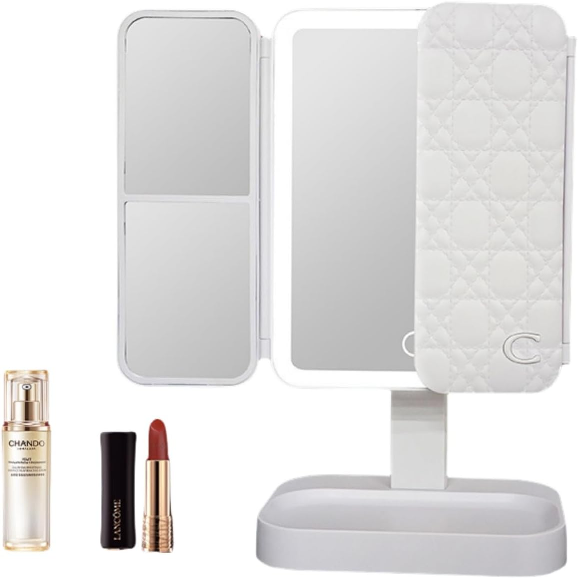 Makeup Vanity Mirror with Lights, Rechargeable Lighted Makeup Mirror with 2X 3X Magnification, Portable Led Leather Pattern Advanced Makeup Mirror with 3 Colors Lights, for Women Girls (White)