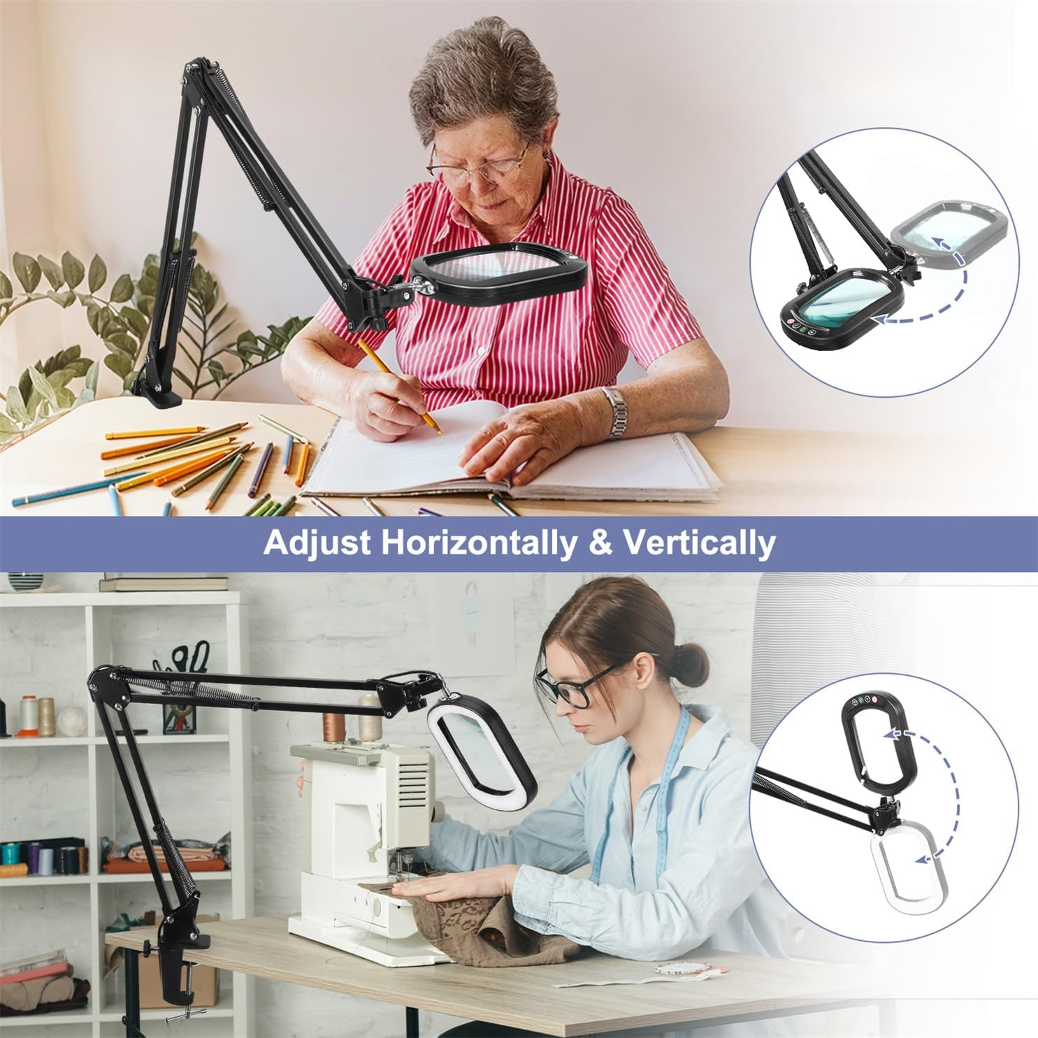 10X Rectangle Magnifying Glass with Light and Clamp, 5 Color Modes Stepless Dimmable, Lighted Magnifier with Stand Hands Free, Flexible Swing Arm LED Desk Lamp for Reading Painting Close Work
