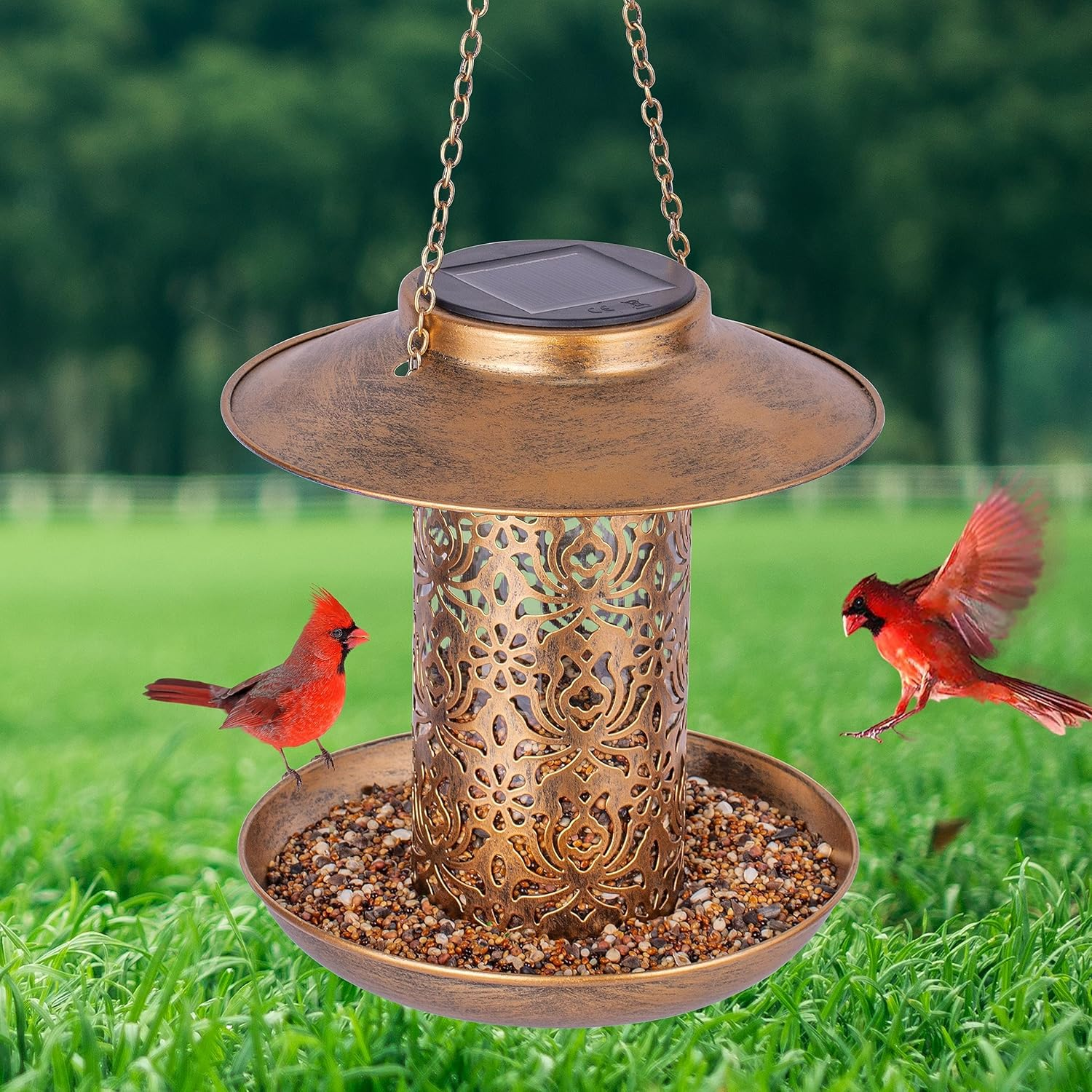 Solar Bird Feeder for Outdoors Hanging, Metal Wild Cardinals Garden Lantern with S Hook, Weatherproof and Water Resistant Birdfeeders as Gift Idea for Women Mom Grandma Bird Lovers (Bronze)