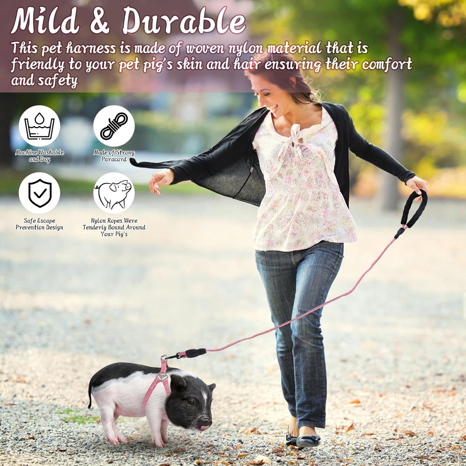 Mini Pig Harness, Adjustable Small Pig Harness with Leash Infinity Style Lead and Soft Foam Handle for Small to Medium Pet Pigs Walking Training Jogging（Pink）