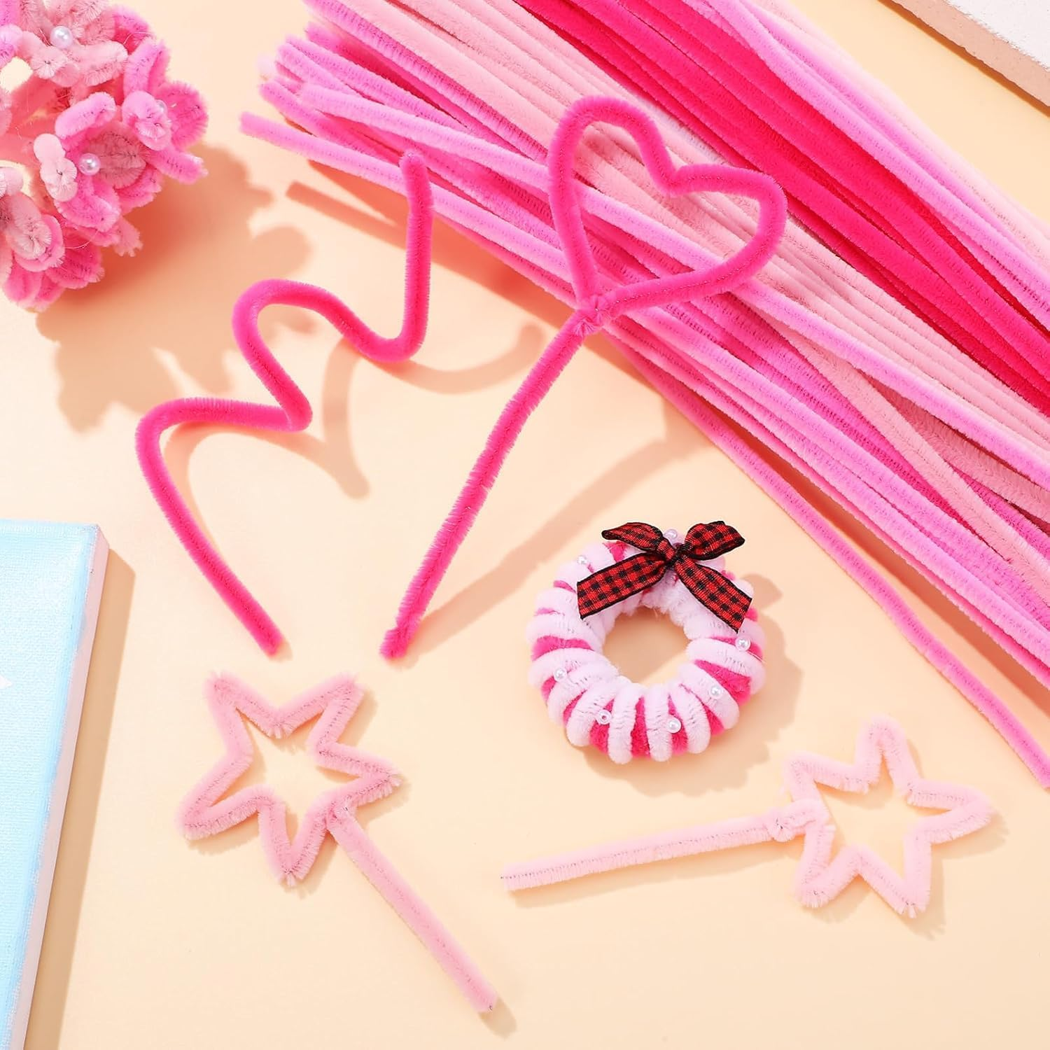 BEANPRECOY 620 Pieces Pipe Cleaners Craft Set 600 Pcs Pastel Chenille Stems with 20 Pcs Flower Stems Craft Supplies Bulk for DIY Art and Craft Projects Creative Wrapping Party Decorations(Pink Series) image number 2