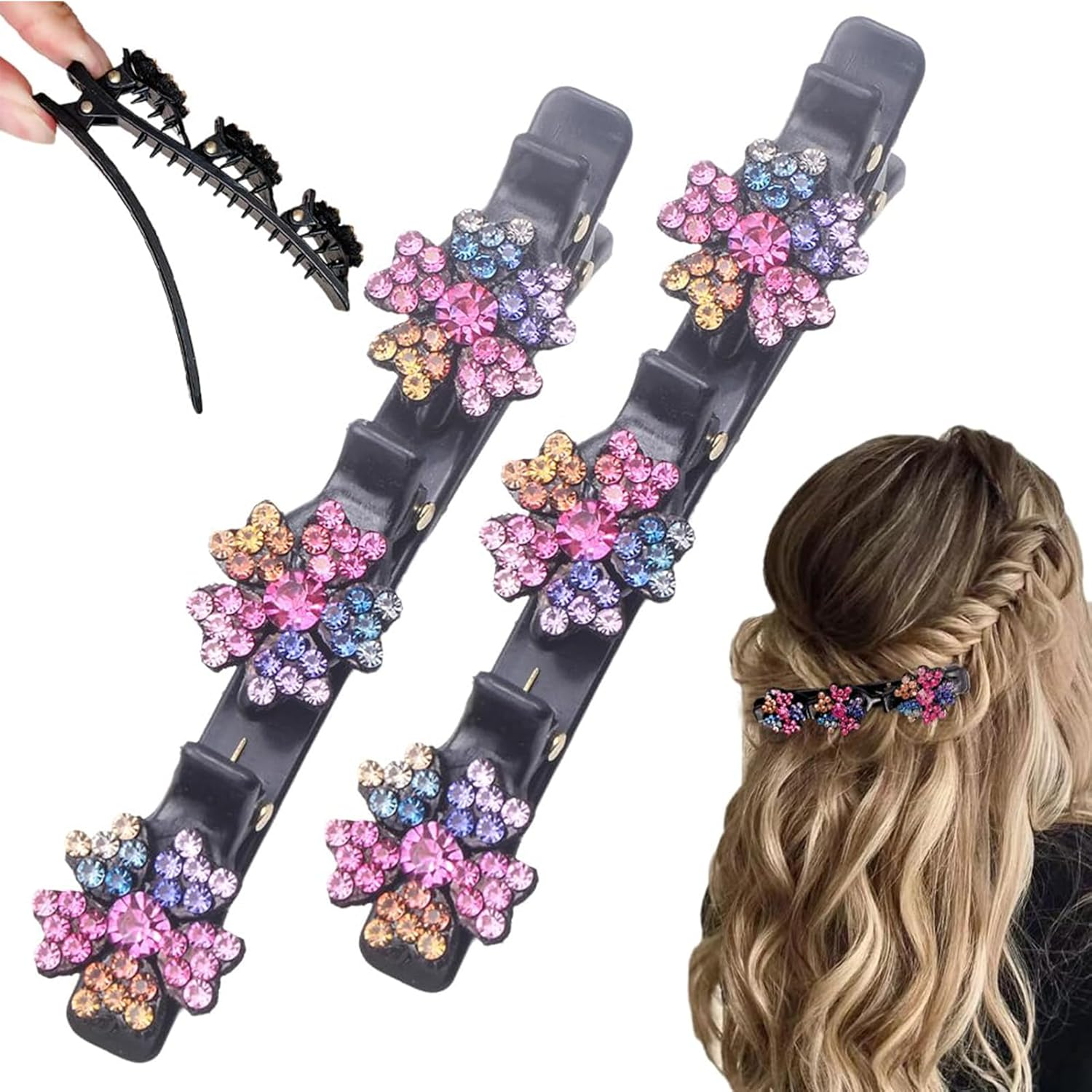 Sparkling Crystal Stone Braided Hair Clips, New Satin Fabric Hair Bands Rhinestone Four-Leaf Clover Hair Clip for Styling, Braided Hair Clips for Women and Girls (Colorful, Standard) image number 2