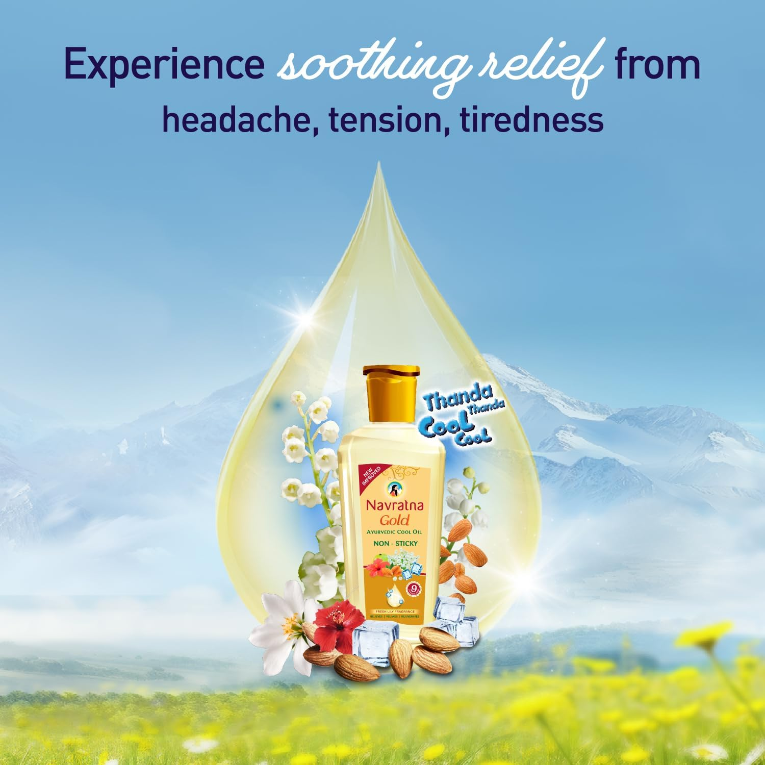 Navratna Gold Ayurvedic Oil |Non Sticky and Non Greasy |Mild Fragrance| Goodness of Almonds and 9 Ayurvedic Herbs |Relieves Body Aches, Sleeplessness, Headache and Fatigue, 300Ml image number 3