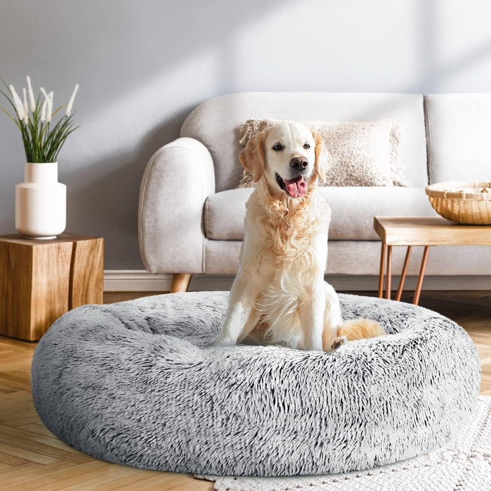Large Calming Soft Plush Pet Bed for Dog Cat 90Cm Light Charcoal image number 1