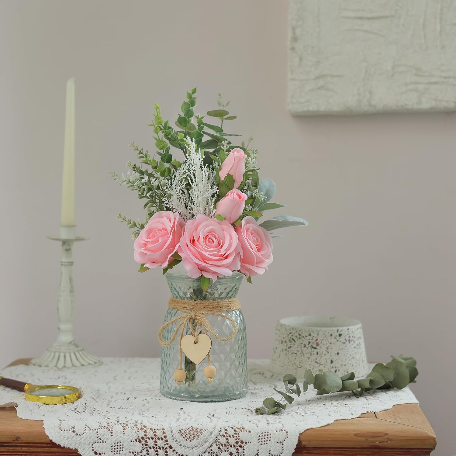 Faux Flowers with Vase,Artificial Silk Roses in Vase, Fake Plant Eucalyptus Flower Arrangement for Home Office Farmhouse Bathroom Dining Table Centerpiece Decorations Coffee Table Decor (Pink) image number 2
