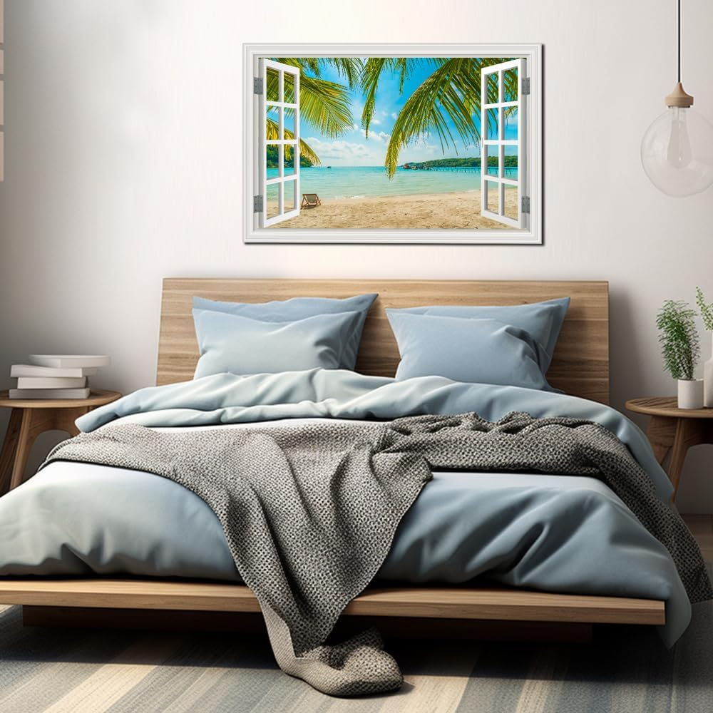 Beach Wall Art Decor Tropical Ocean Canvas Picture for Living Room White Window Frame Style Blue Seascape Paiting for Bedroom Coastal Theme Landscape for Home Office Decorations Ready to Hang(24"*36") image number 5