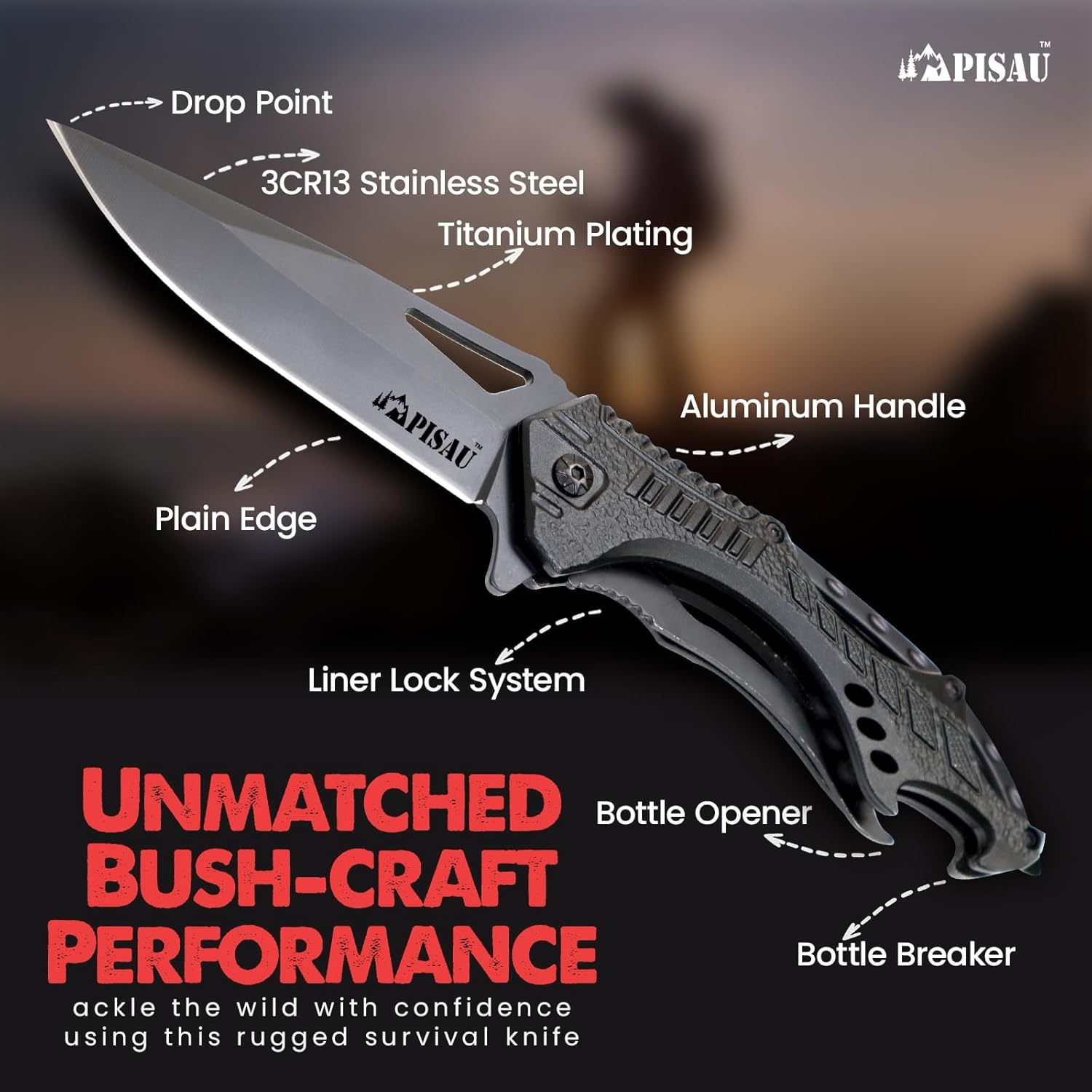 Folding Pocket Knife with Liner Lock, Bottle Opener and Glass Breake (Black) - Black image number 6