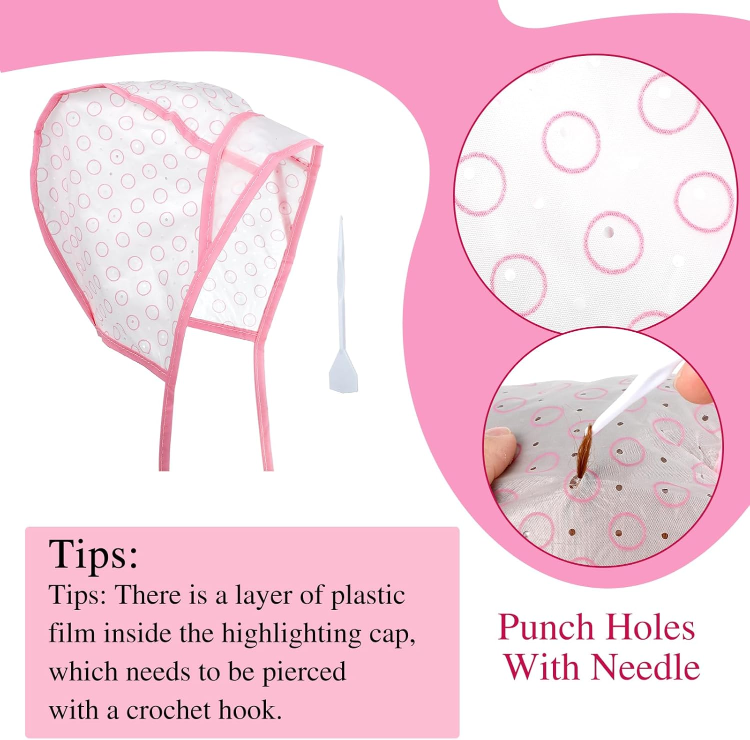 Bewudy Pack of 3 Highlight Caps, Adjustable Colouring Highlighting Cap with Plastic Hooks for Women Girls, Highlight Hair Cap Highlight Cap with Holes for Salon Home Use Hair Dye Centre, Pink, Purple, image number 1