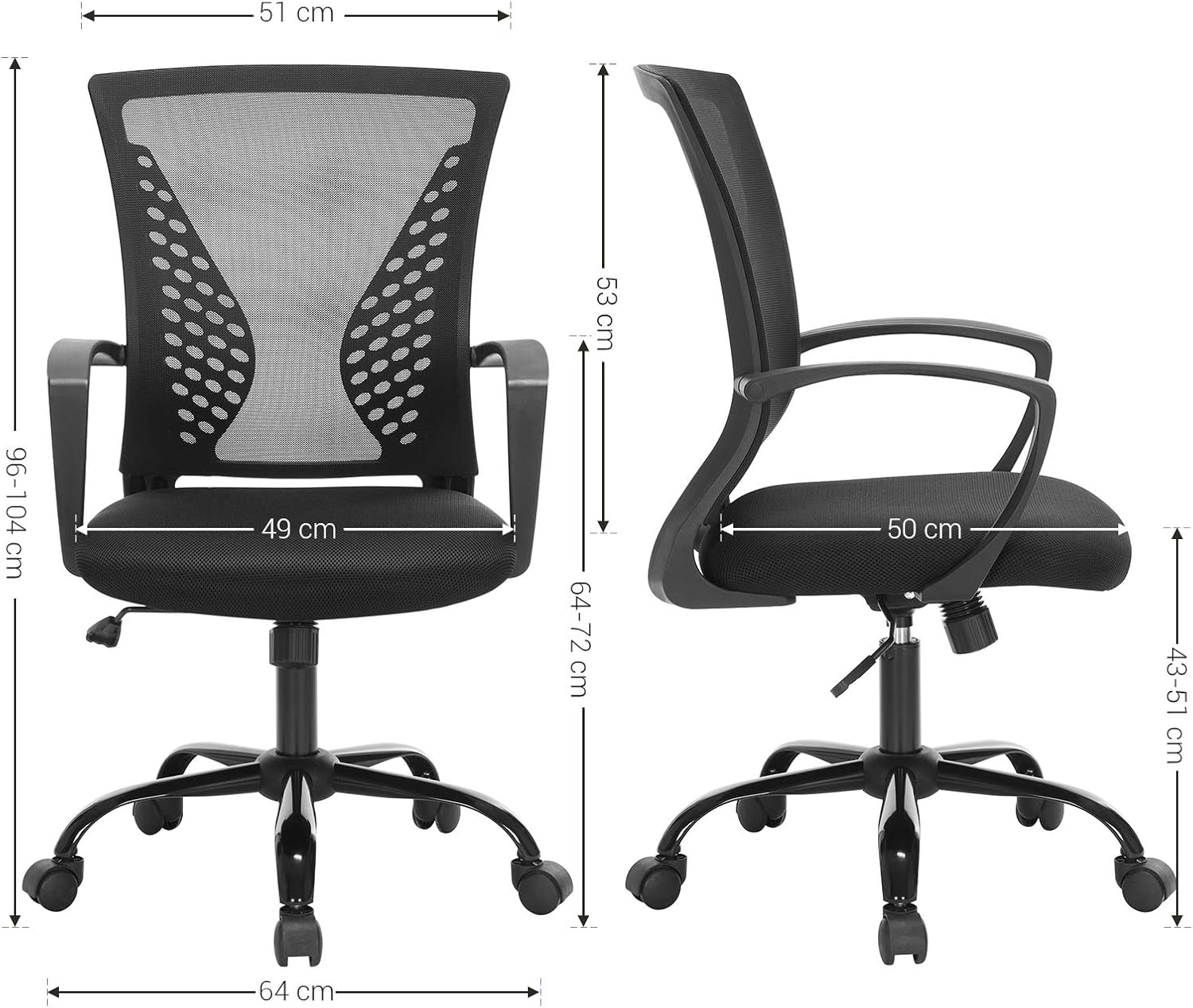 SONGMICS Office Chair, Desk Chair with Mesh Covering, Height-Adjustable Computer Chair, Swivel Chair, Rocking Function, Breathable, Office, Study, Load Capacity up to 120 Kg, Black OBN22BK image number 2