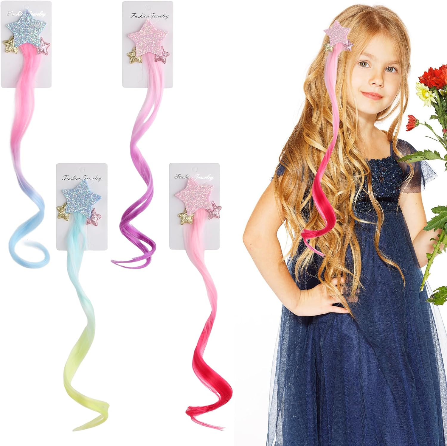 4PCS Coloured Hair, Children'S Colourful Wig Hair Clip Decoration Star, Kids Hair Extensions Fake Hair Rainbow Color Wig Clips Children, for Girls World Princess Party Cosplay Crazy Hair Day for Kids