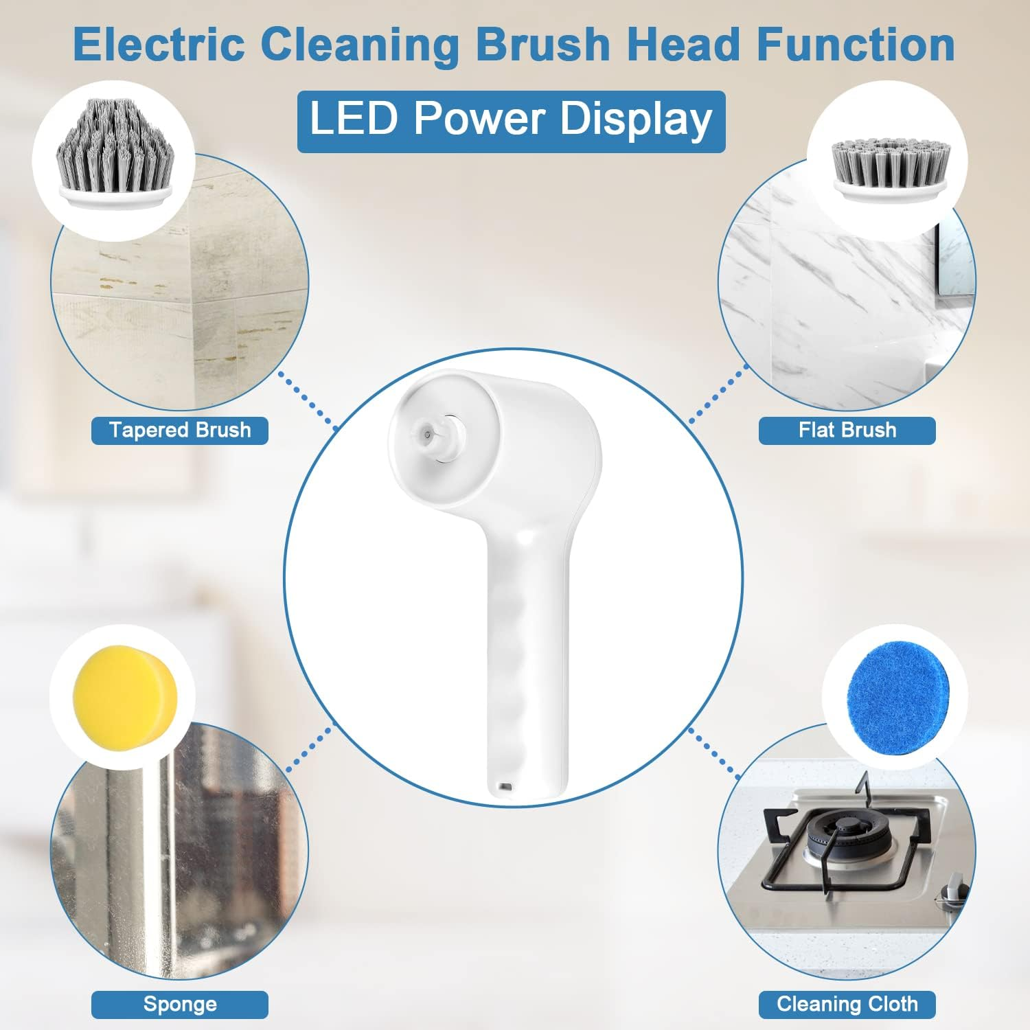 GRUTTI Electric Spin Scrubber Rechargeable Cordless Electric Cleaning Brush with 5 Replaceable Brush Heads Handheld Power Electric Scrubber for Cleaning Bathrooms Bathtub Cars and Kitchens image number 3