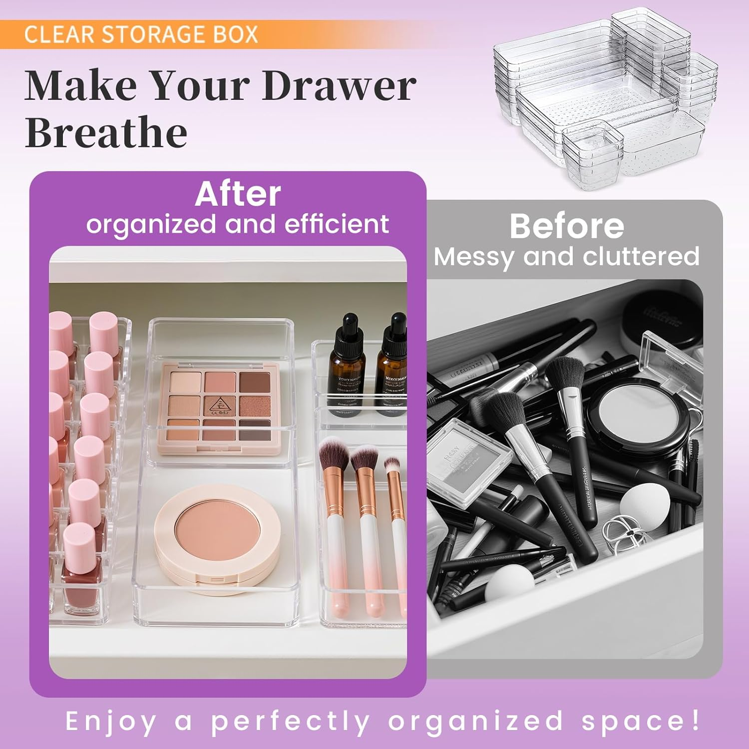 37-Piece Clear Plastic Storage Organizer Set &ndash; 4-Size Stackable Clear Drawer Dividers for Makeup, Jewelry, Office & Kitchen | Space-Saving Design | Perfect for Drawers, Desks & Countertops image number 1