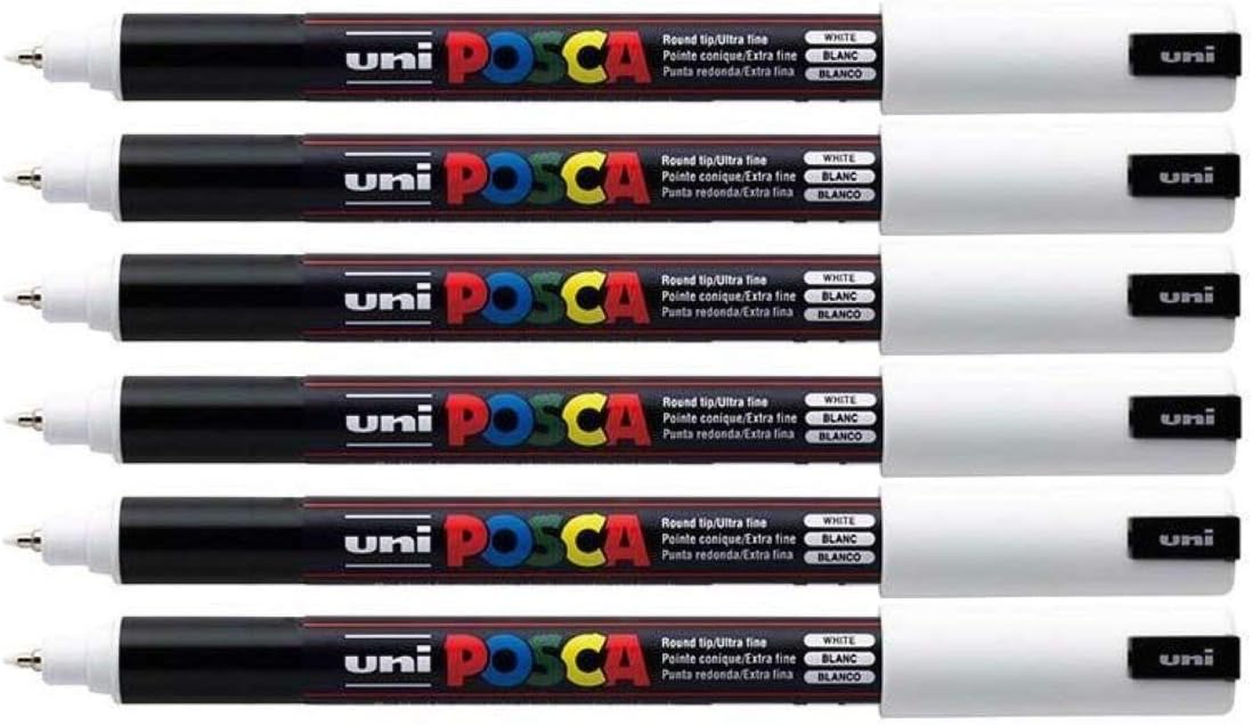 Uni Posca PC-1MR White Colour Paint Marker Pens Ultra Fine 0.7Mm Calibre Tip NIB Writes on Any Surface Glass Metal Wood Plastic Fabric (Pack of 6)