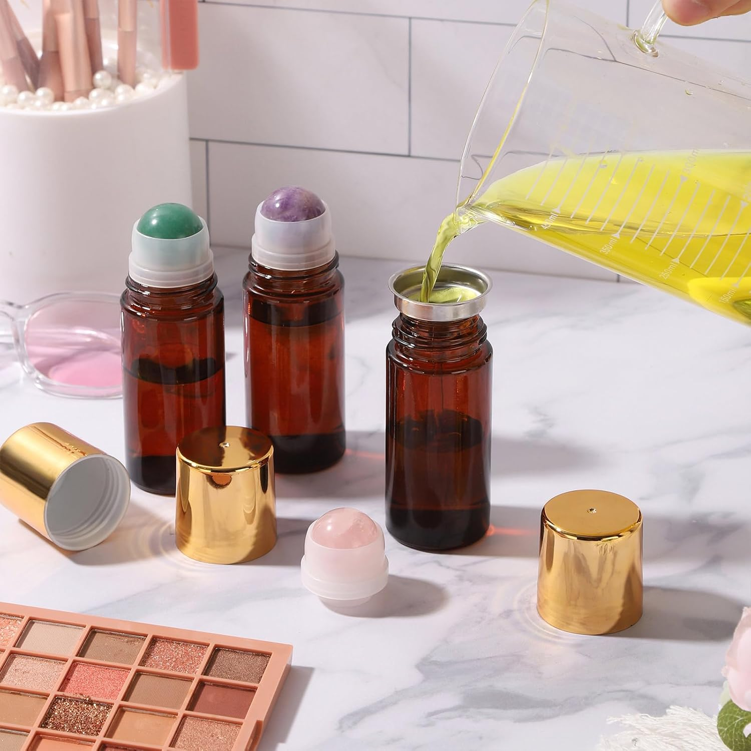 RAMFIYN 2 Pack Large Amber Glass Roll on Bottles for Essential Oils Perfume Refillable Roller Ball Applicator Empty Deodorant Containers with Purple Crystal Rollerball - Green image number 6