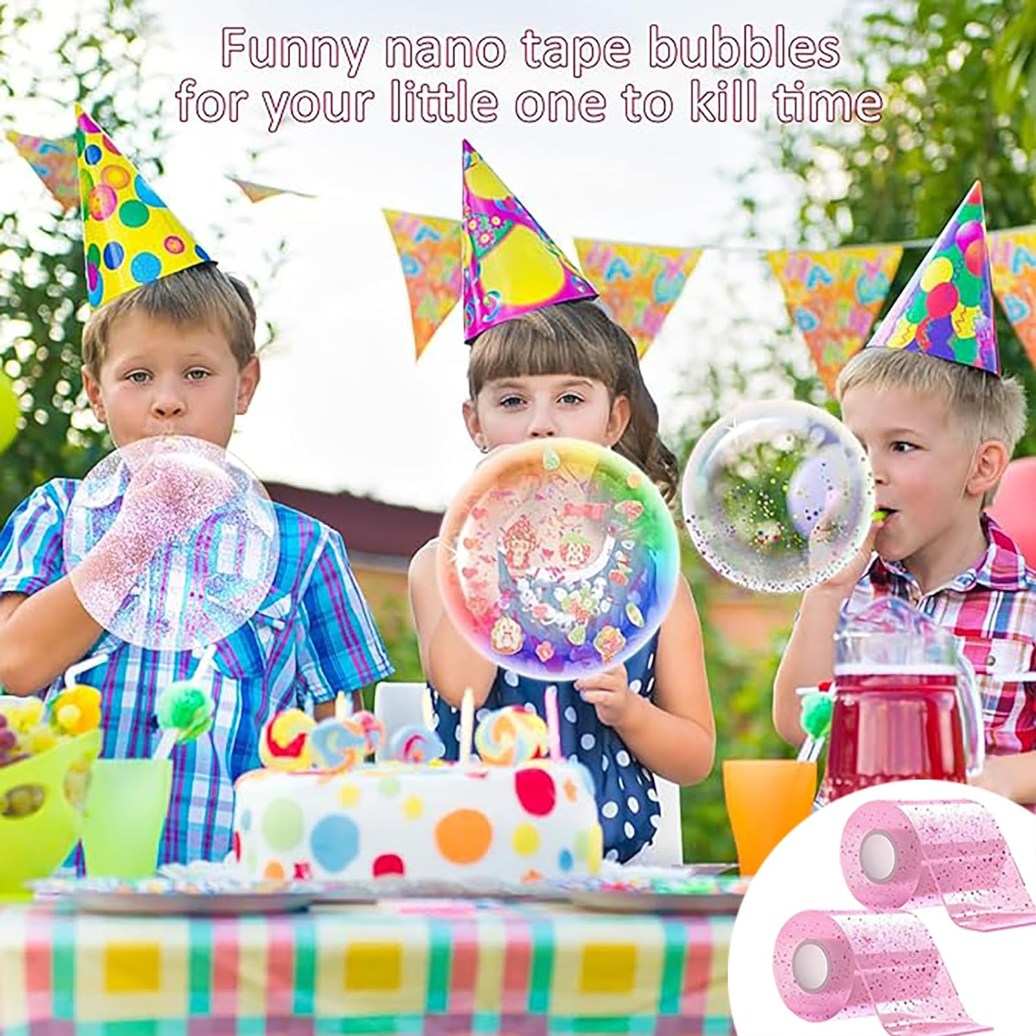 Nano Bubble Tape Kit,2 Roll Nano Tape Bubble,Double Sided Tape Elastic Nano Tape Bubble DIY Craft Kit for Girls, Boys, Kids Party Favors and Novelty Toys(Pink) image number 1