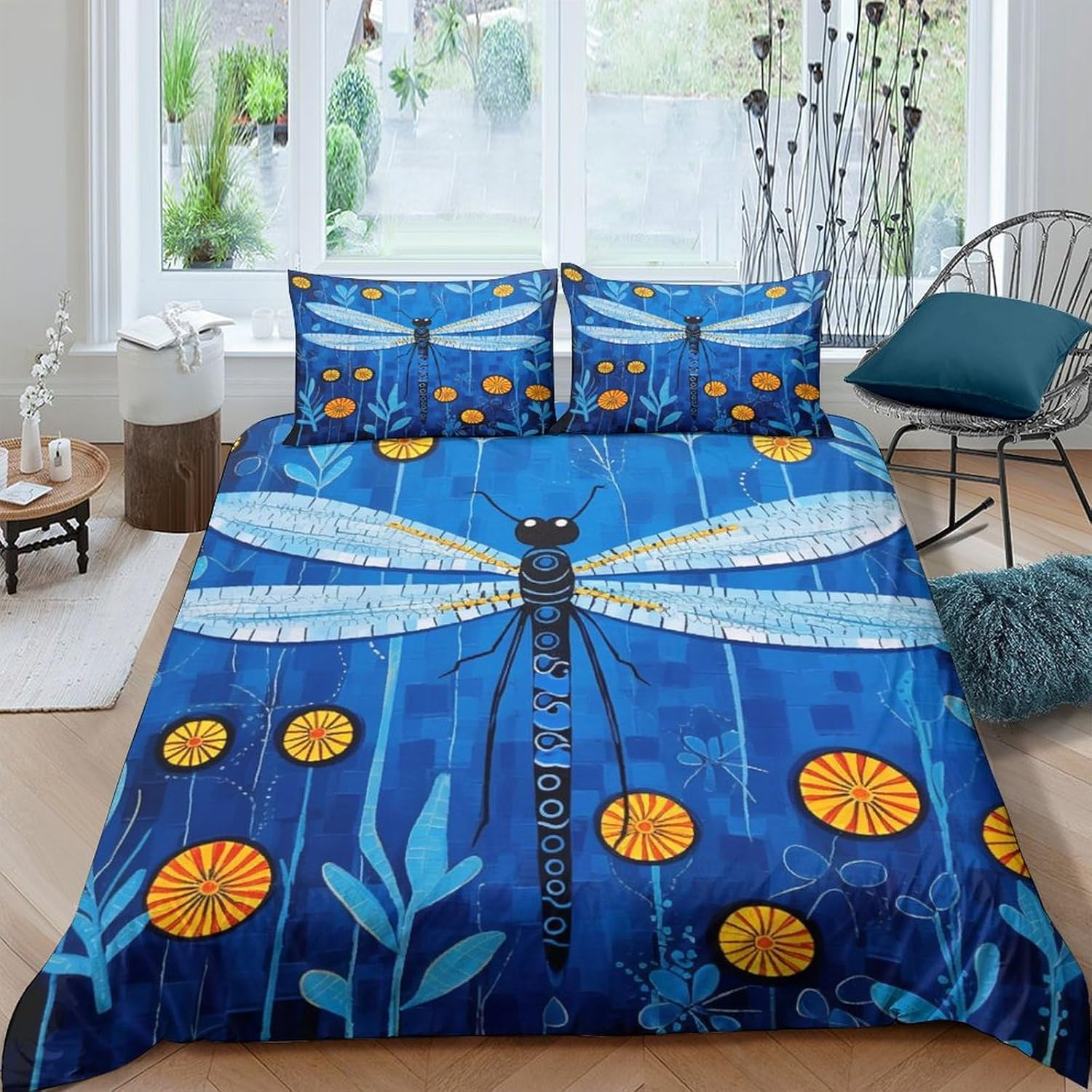 Dragonfly Duvet Cover Set Flower Comforter Cover for Teens 3D Print Bedding Set Microfiber Quilt Cover with Zipper Closure 3 Pieces with Pillowcases,King（210X245Cm）