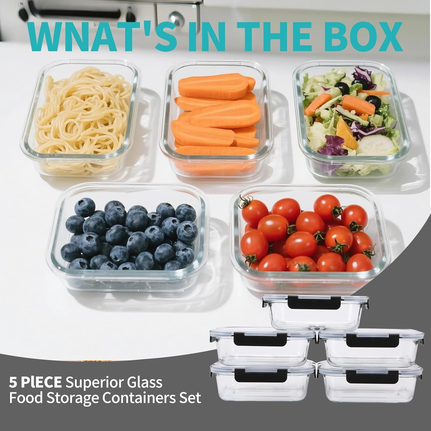 Glass Food Storage Containers Set BPA Free, Airtight & Leakproof Lids, High Borosilicate Glass for Meal Prep, Lunch & Leftovers, Food Safe Kitchen Organization Containers (Transparent 5-Piece Set) image number 1