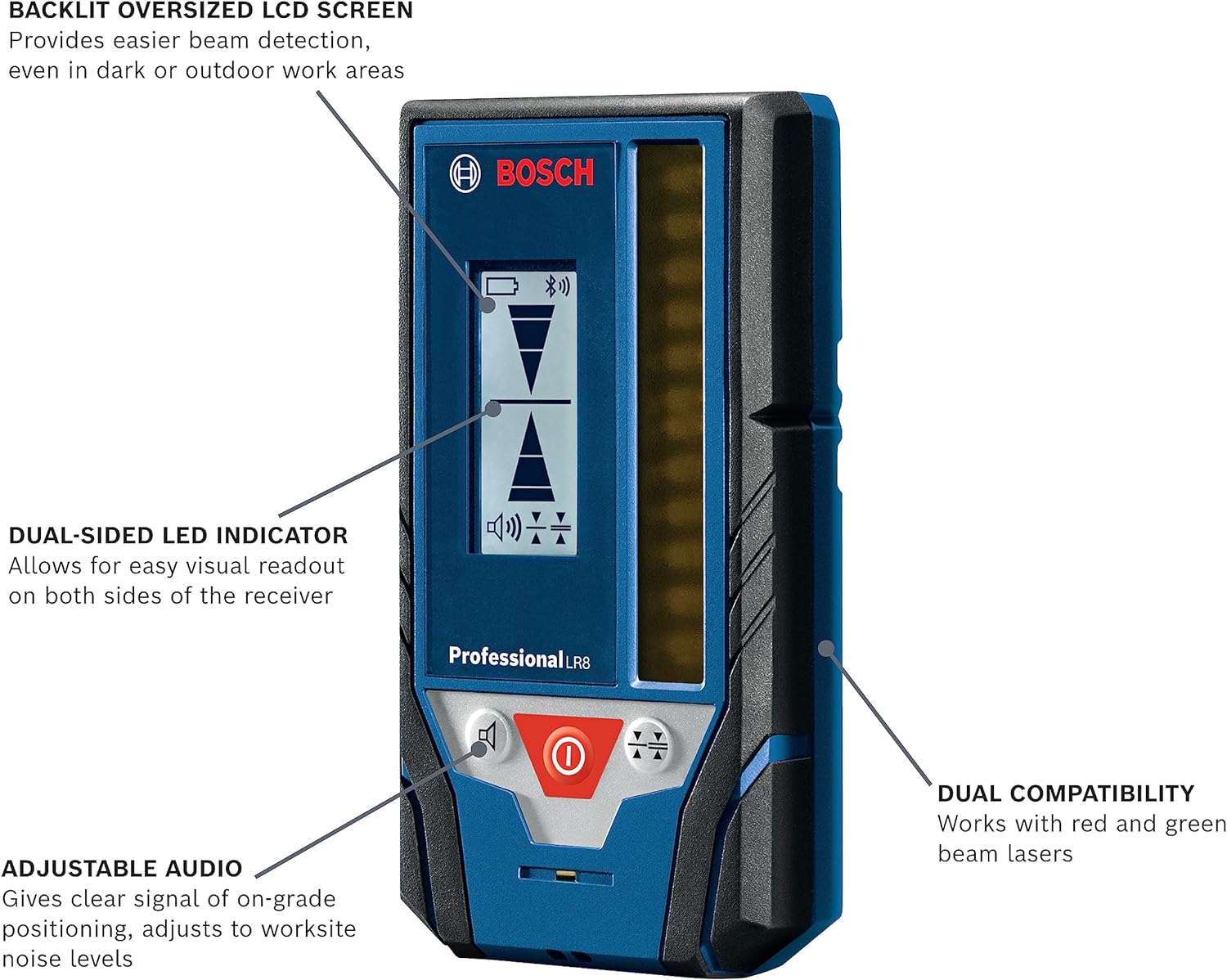 BOSCH LR8 165 Ft. Red and Green-Beam Line Laser Receiver, Includes Mounting Bracket, 2 AA Batteries, & Belt Pouch