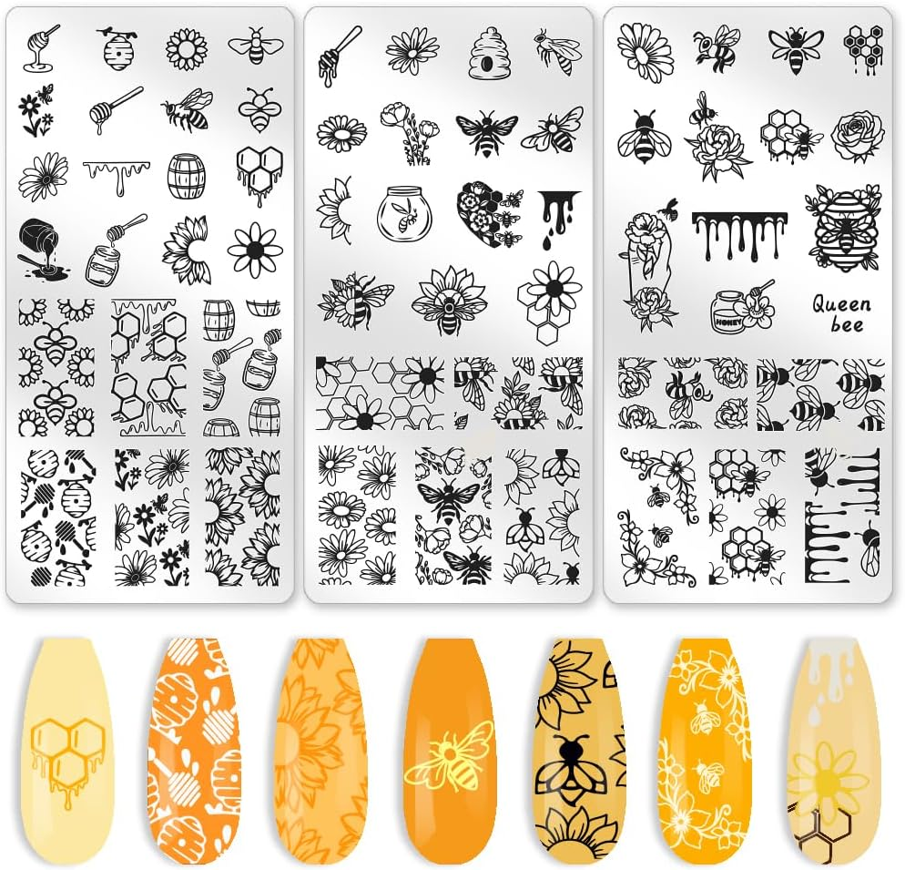 Beinkmake 3Pcs Bee Nail Stamping Plate Flowers Honeycomb Nail Art Stamp Templates Stainless Steel Reusable Tools with Stamper Scraper for Manicure Printing image number 1