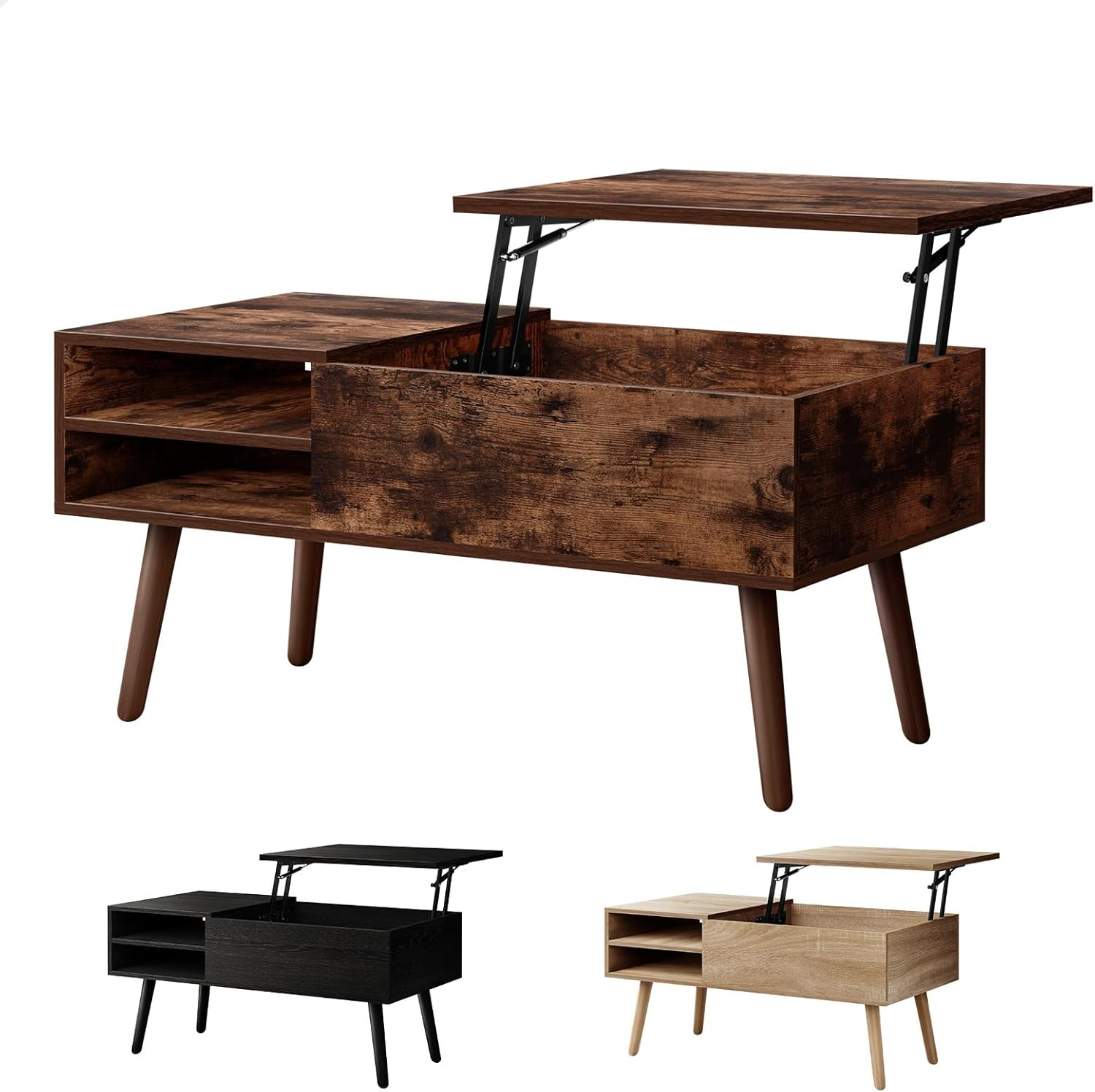 ALFORDSON Lift Top Coffee Table with Hidden Compartment and Side Open Shelves, Rising Tabletop Dining Table for Living Room Office Reception, Convertible Center Table, Wood