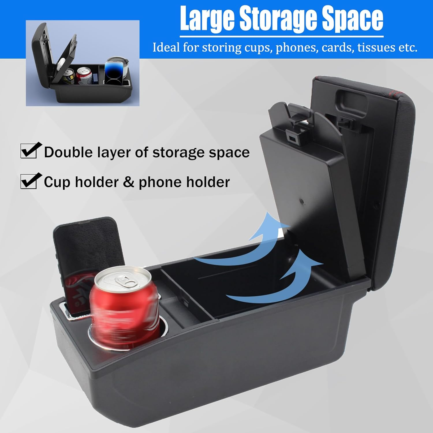 YJYWZH Car Armrest Box for Suzuki Jimny 2018-2024 Auto Accessories Center Console Leather Arm Rest Double-Layer Storage Space with Cup Holder (Black Thread) image number 5