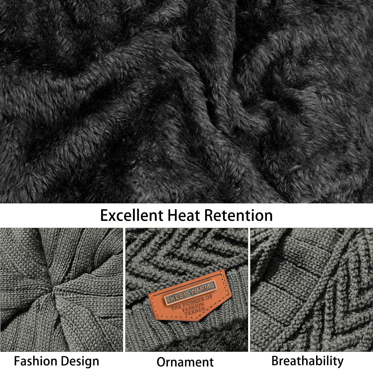 Yoklili Winter Knit Beanie Hat Neck Warmer Gloves Set, Fleece Lined Skull Cap Infinity Scarves Touch Screen Mittens for Men Women - Black image number 5