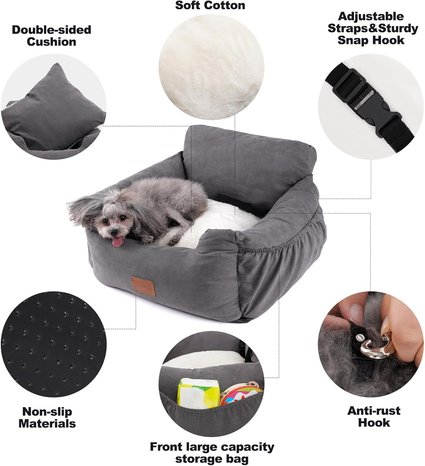 Small Dog Car Seat, Small Dog Car Seat, Washable and Stain-Resistant Dog Car Seat for Small Dogs, Safety Seat, High-Quality Fabric with Storage Bag, Grey image number 5