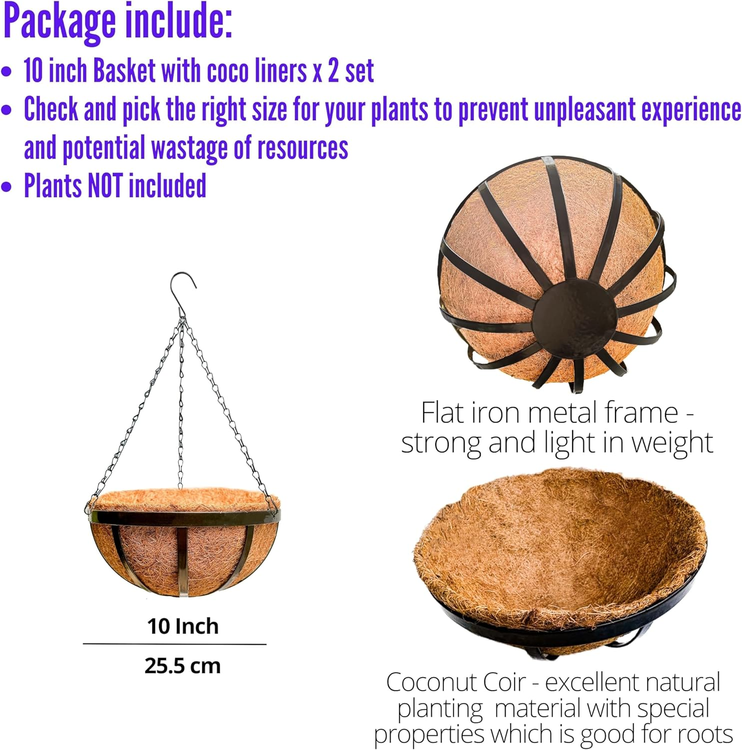 Lalagreen Outdoor Hanging Baskets for Plants Small and Cute Wire Hanging Planters with Coco Liner, Black Metal (2, 10 Inch) image number 6