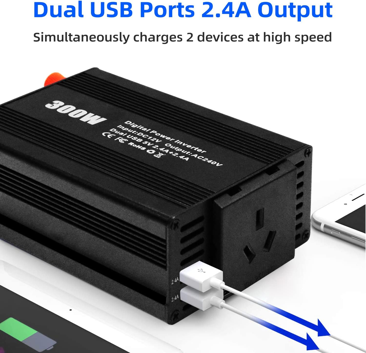 300W Pure Sine Wave Power Inverter DC 12V to AC 240V Car Plug Inverter Adapter Power Converter with 2.4A Dual USB Charging Ports and AC Outlets Car Charger for Smartphones Laptops Tablets,Etl Listed image number 6