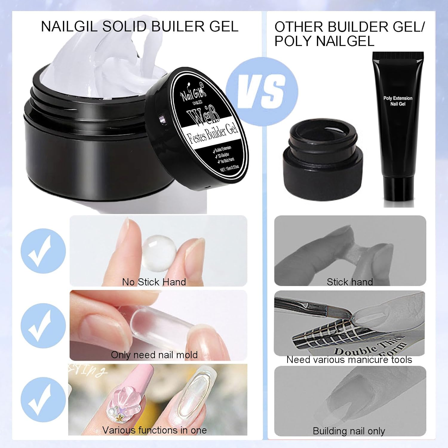 NAILGIL Clear and White Solid Builder Gel Nail Extension, Solid Nail Glue Gel 3D Nail Sculpture with Nail Shape, Nail Art, Salon DIY at Home, 30 G (1 Fl Oz) image number 2