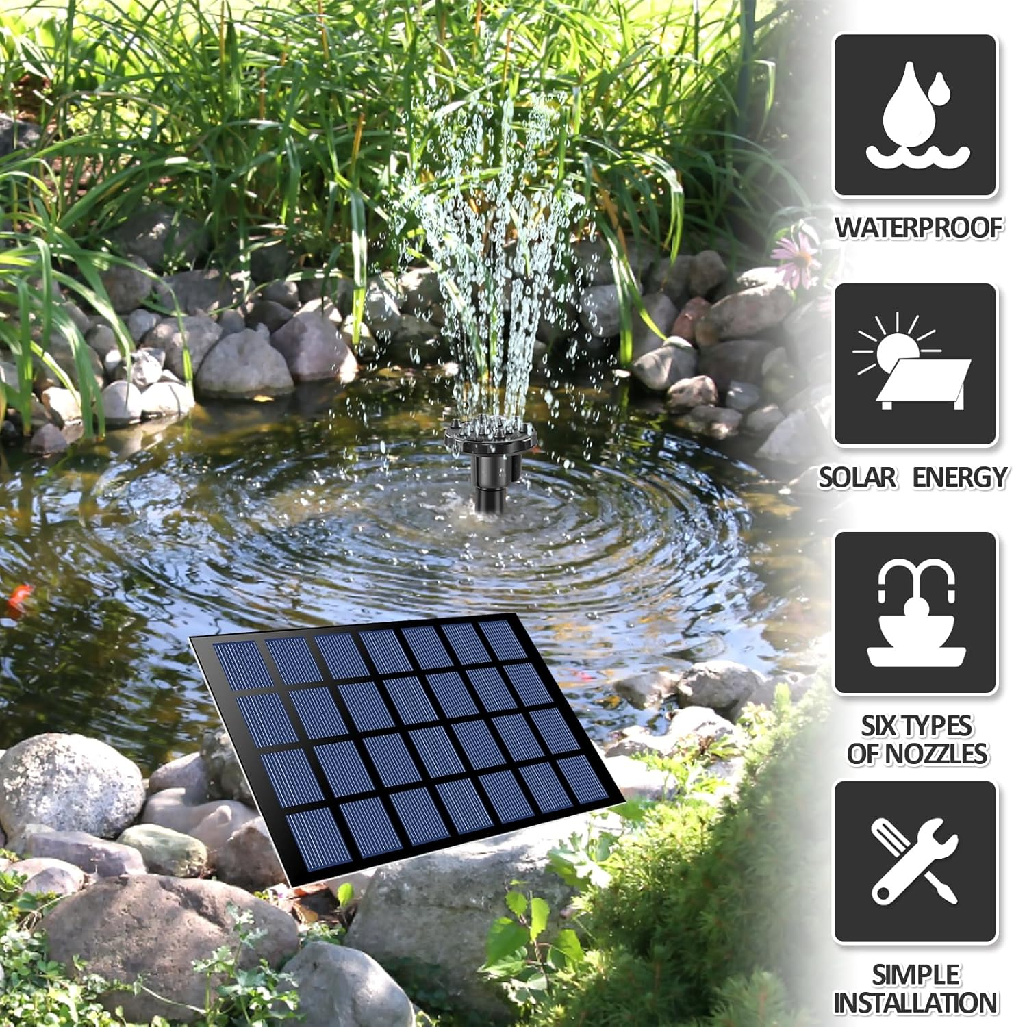 Solar Bird Bath Fountain Pump, 9V 2W Bird Bath Fountain Pump with 6 Different Nozzles, Free Standing Floating Solar Powered Water Fountain Pump for Bird Bath, Garden, Pond, Pool, Outdoor image number 3