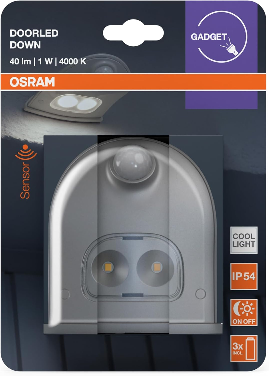 OSRAM Door LED Light with Motion Sensor, Battery Operated, 4000K, 40Lm, 0.95W, IP54, Silver, for Entrance Areas and Outdoor Applications image number 3