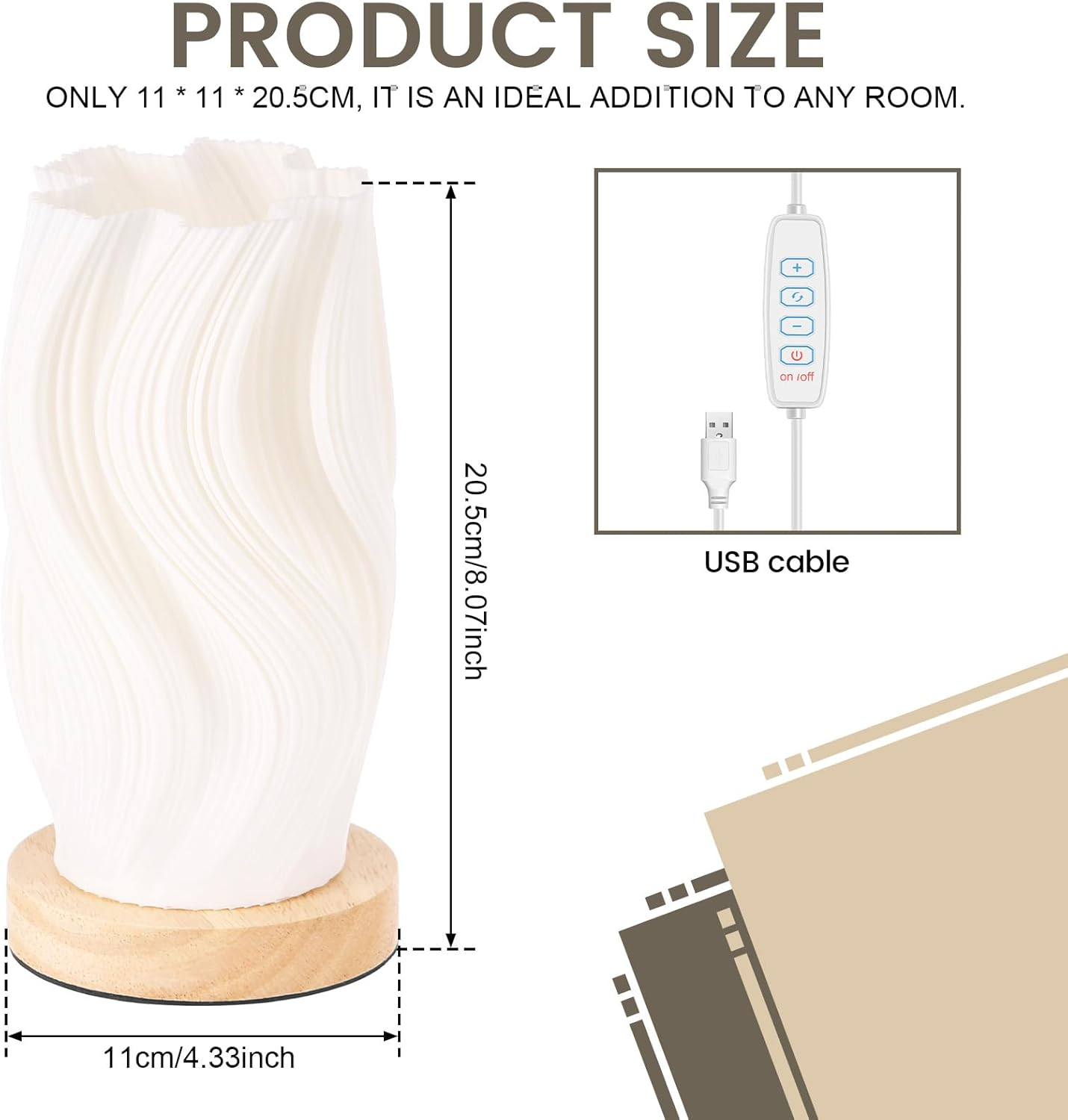 Table Bedside Lamp with Woodbase, Versatile Touch Control Table Lamp for College Dorm, Nightstand PLA Lampshade Living Room Bedroom (Black) image number 2